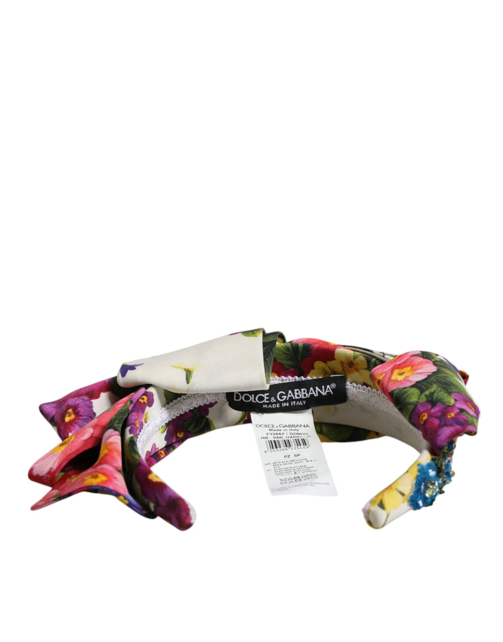 Dolce & Gabbana White Multicolor Floral Silk Bow Crystal Embellished Headband - Headbands