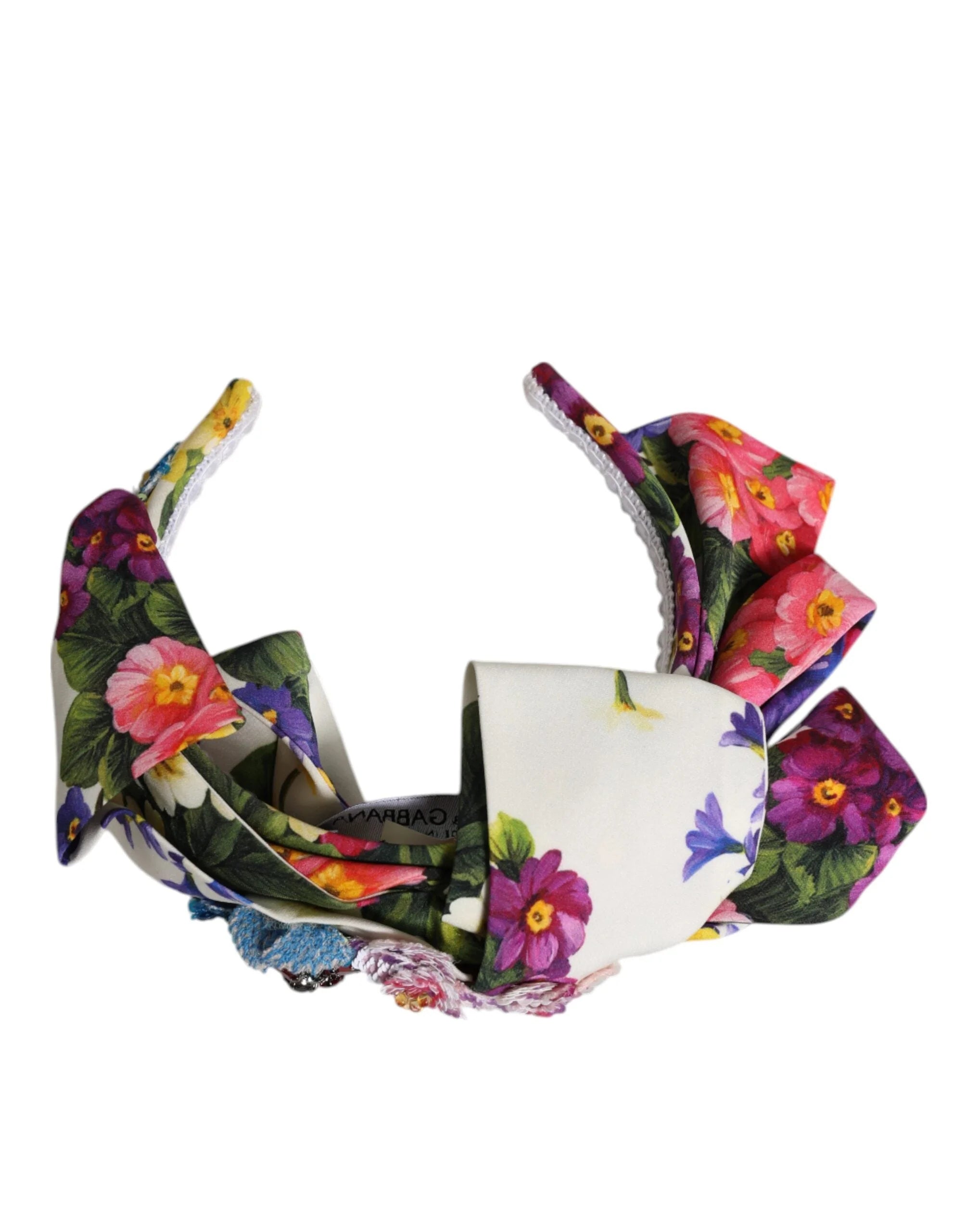 Dolce & Gabbana White Multicolor Floral Silk Bow Crystal Embellished Headband - Headbands