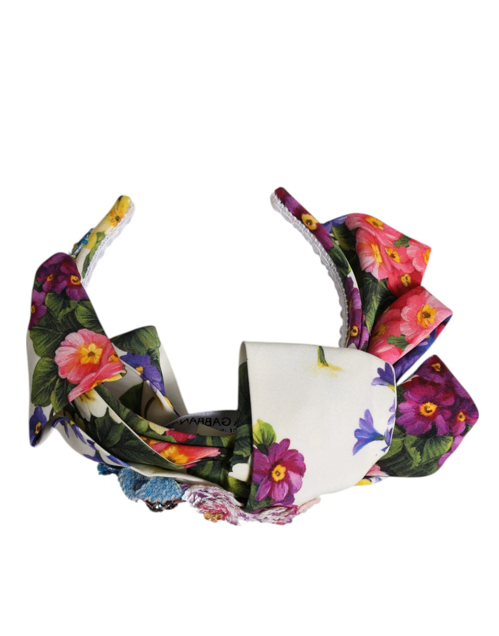 Dolce & Gabbana White Multicolor Floral Silk Bow Crystal Embellished Headband - Headbands