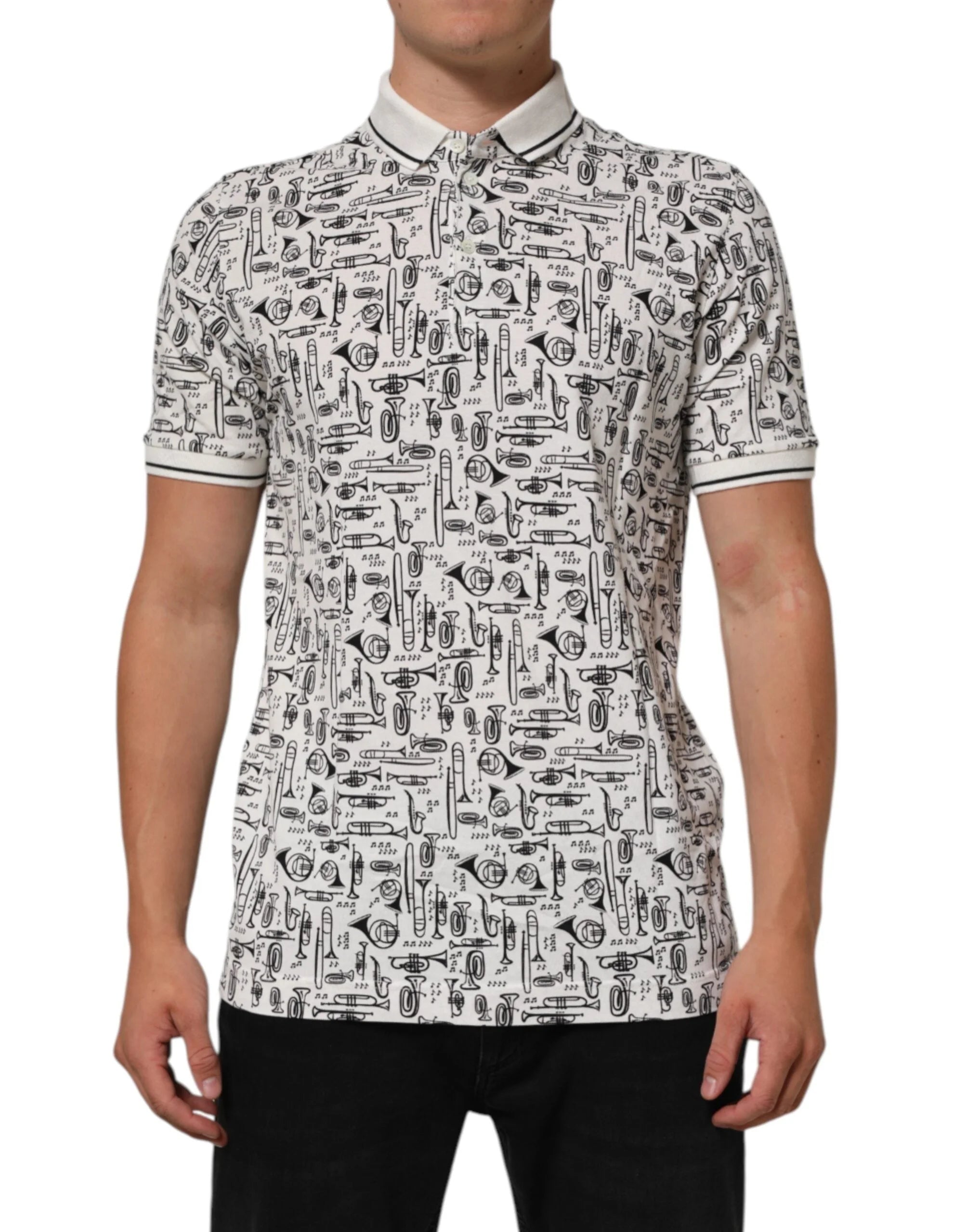 Dolce & Gabbana White Musical Print Collared Polo T-shirt - IT52 | XL