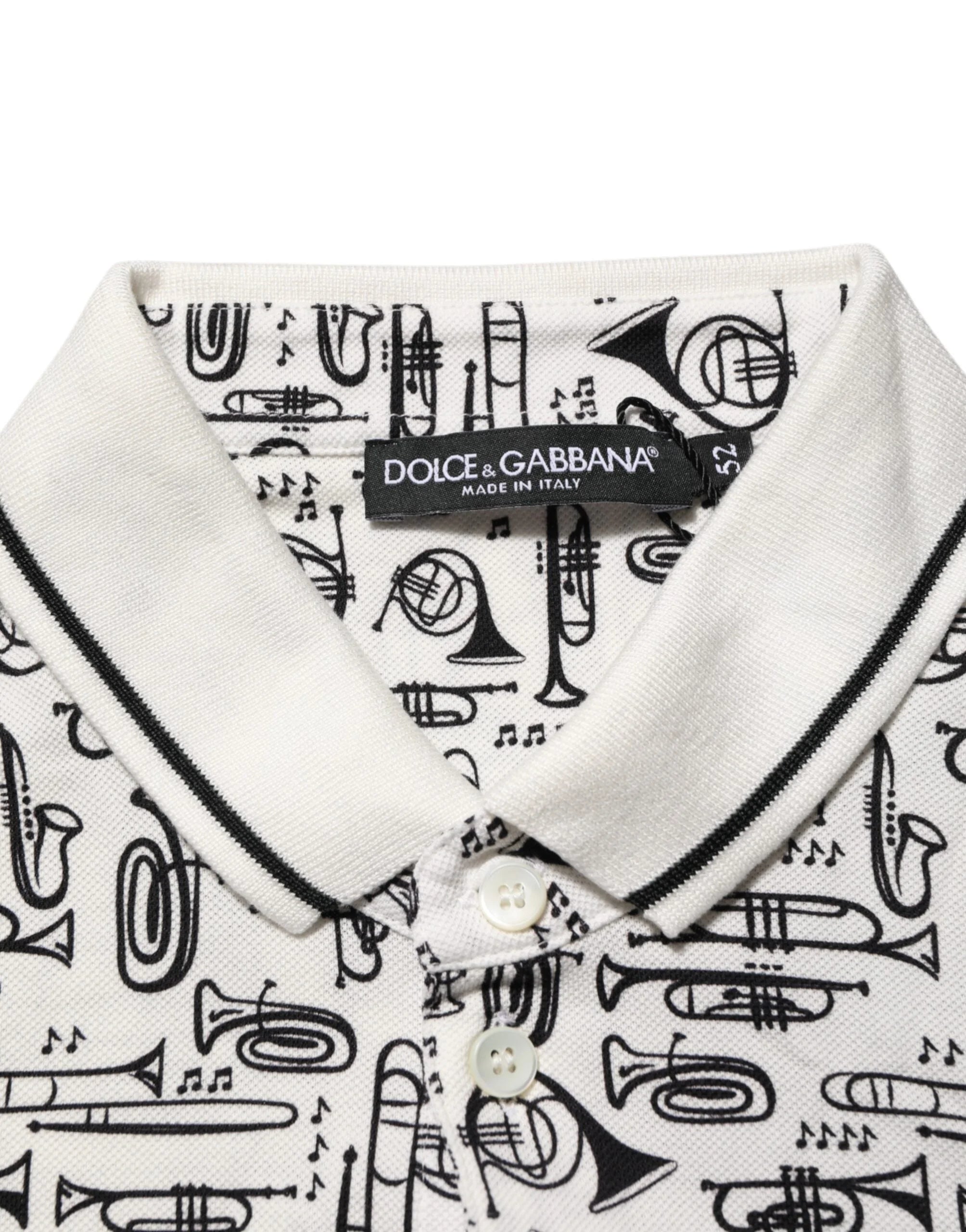 Dolce & Gabbana White Musical Print Collared Polo T-shirt - IT52 | XL - Polos