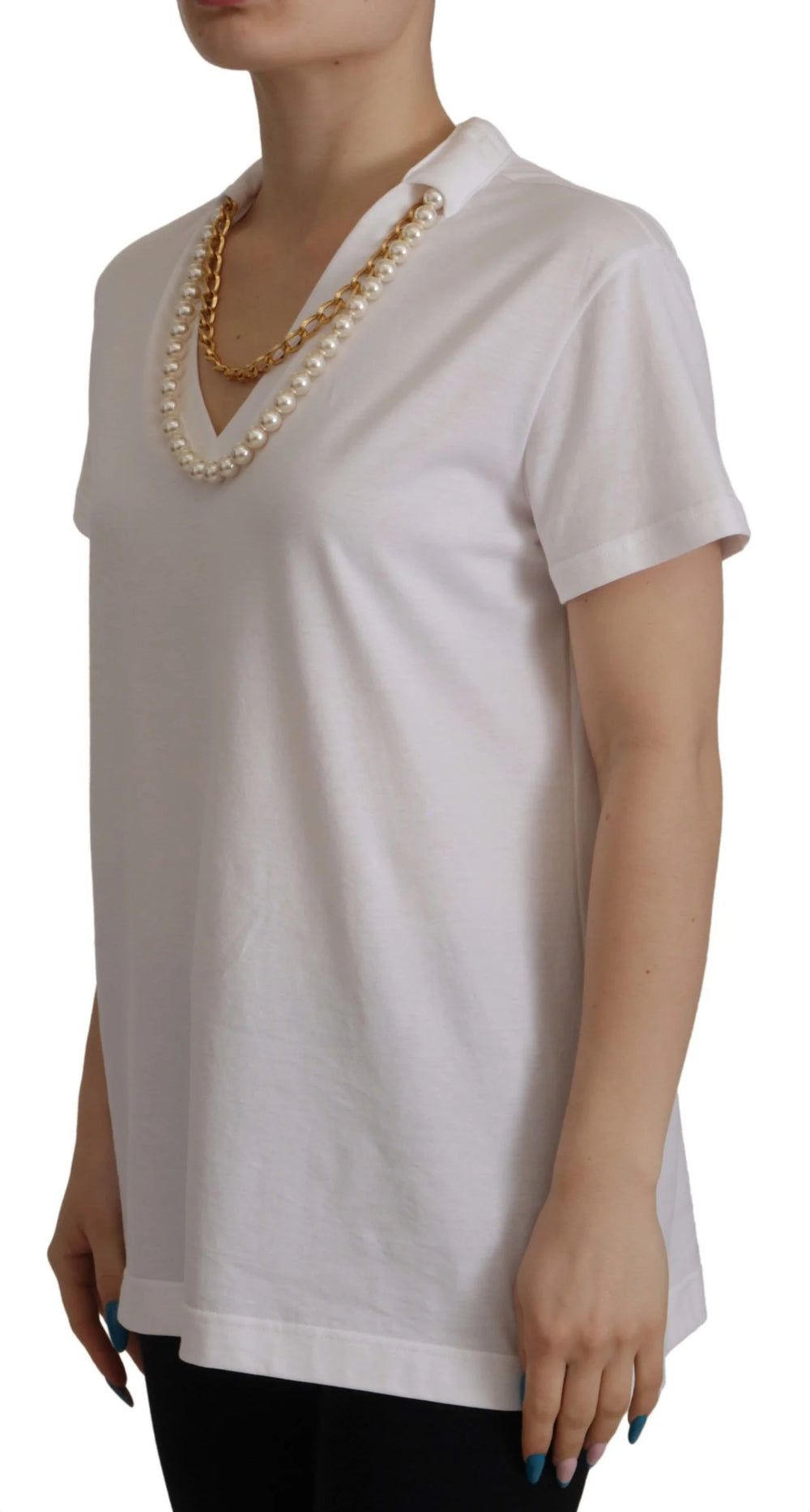 Dolce & Gabbana White Necklace Embellished Neckline T-shirt Top - IT40|S - T-Shirts