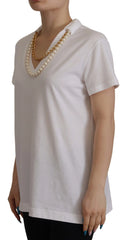 Dolce & Gabbana White Necklace Embellished Neckline T-shirt Top - IT40|S - T-Shirts