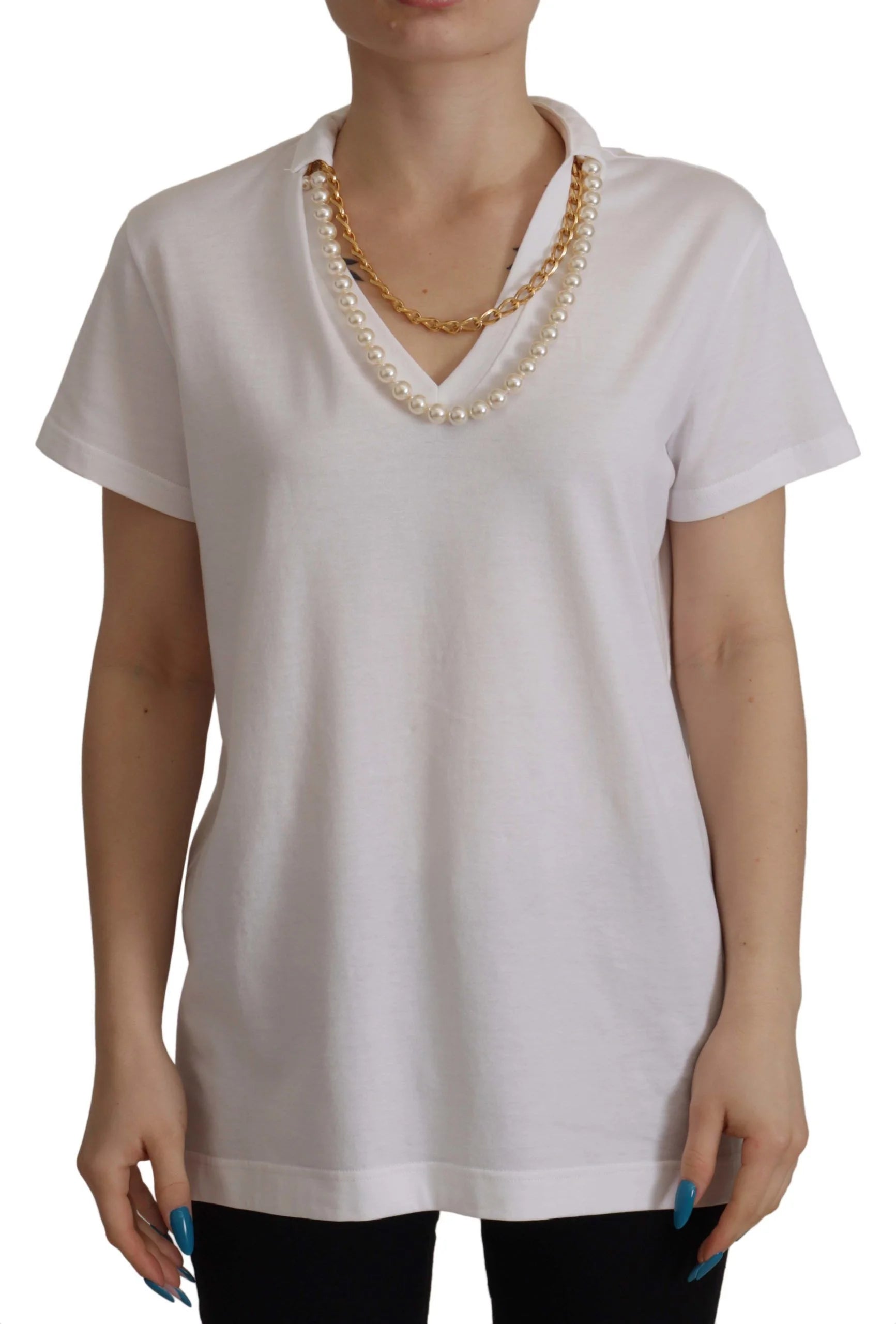 Dolce & Gabbana White Necklace Embellished Neckline T-shirt Top - IT40|S - T-Shirts