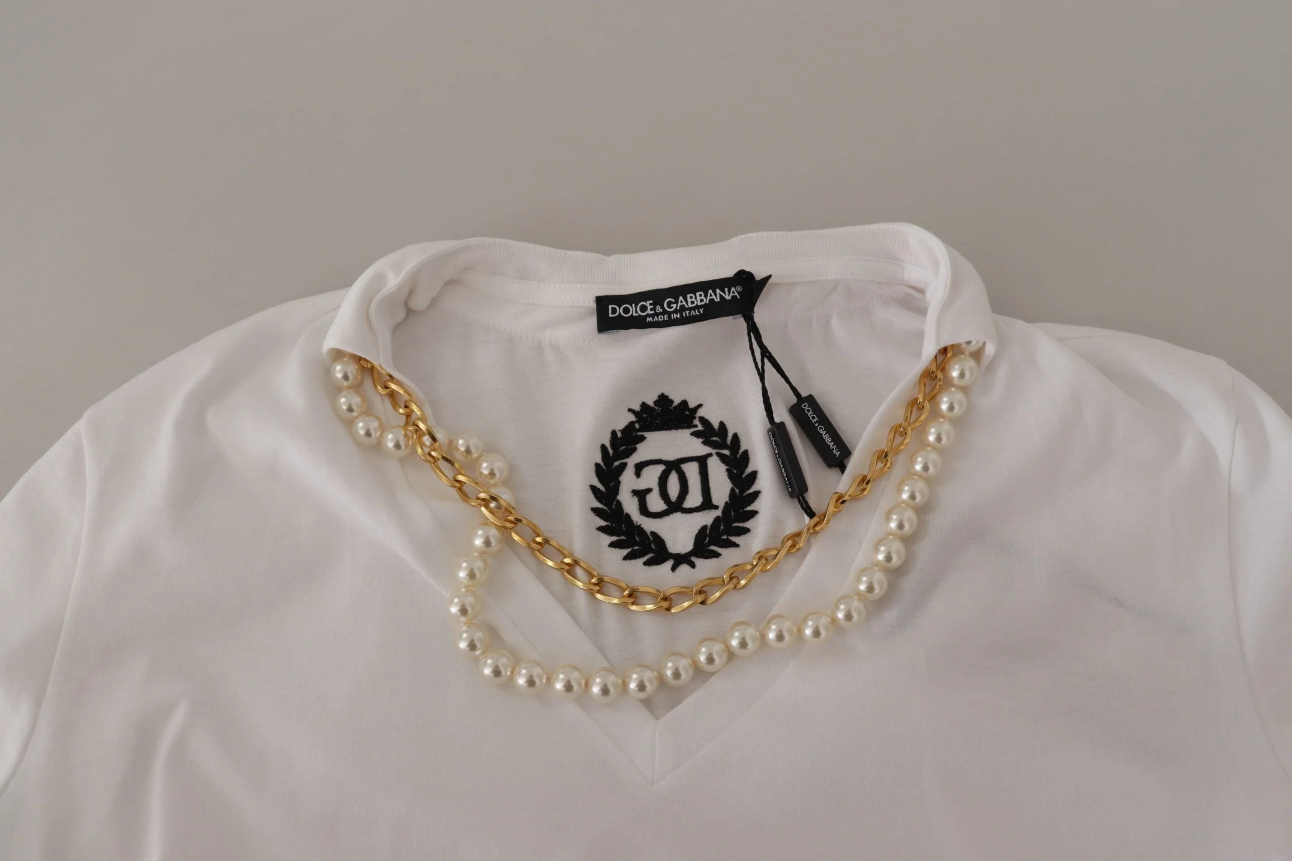 Dolce & Gabbana White Necklace Embellished Neckline T-shirt Top - IT40|S - T-Shirts