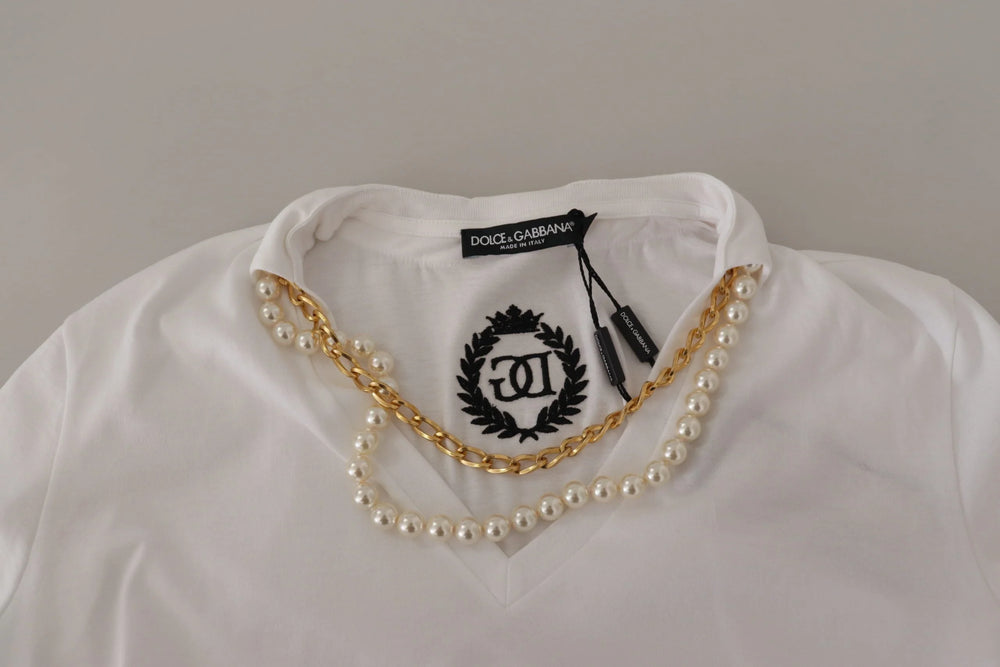 Dolce & Gabbana White Necklace Embellished Neckline T-shirt Top - IT40|S - T-Shirts