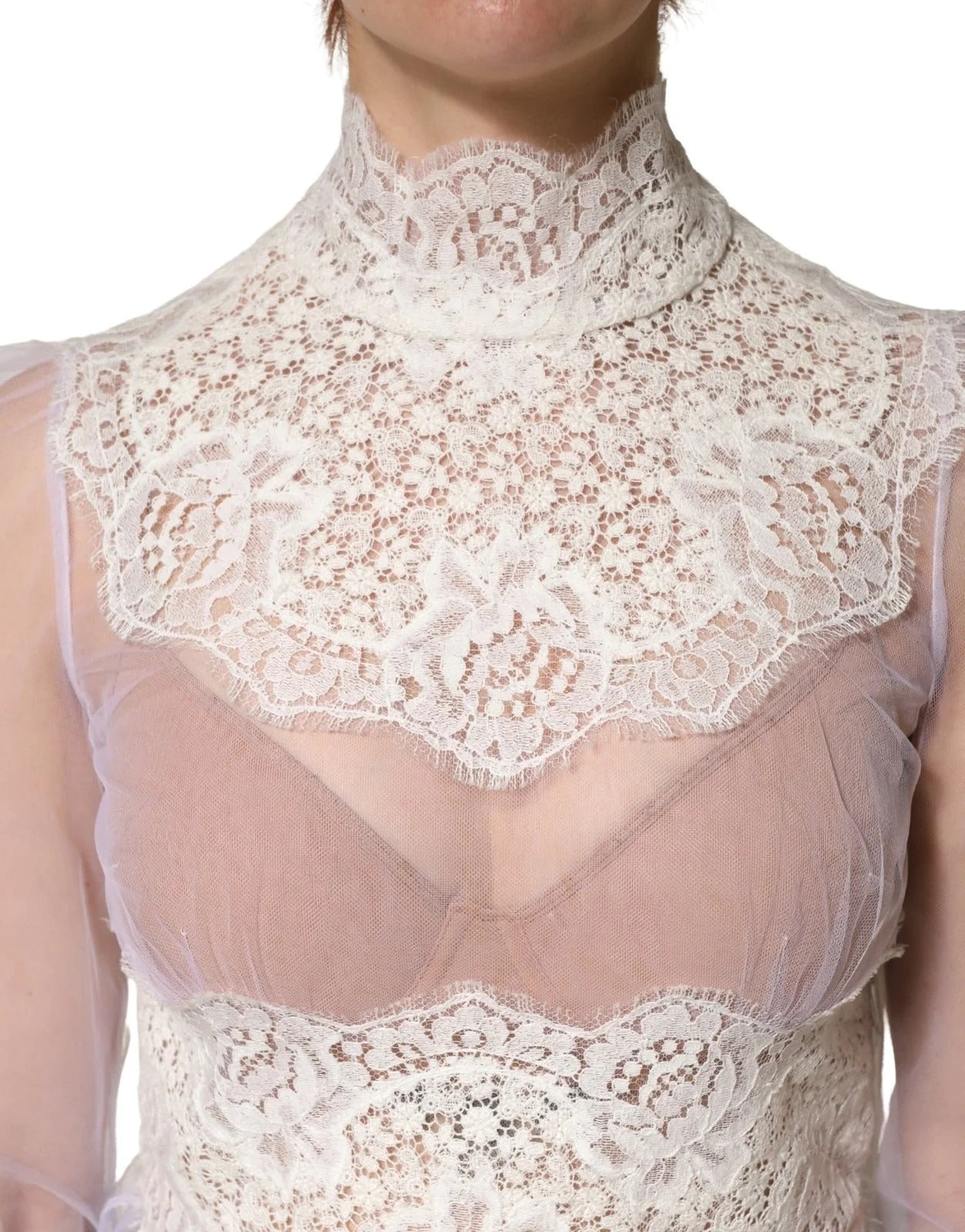 Dolce & Gabbana Vit nylontopp med spets och tyll, genomskinlig, långärmad - IT42|M