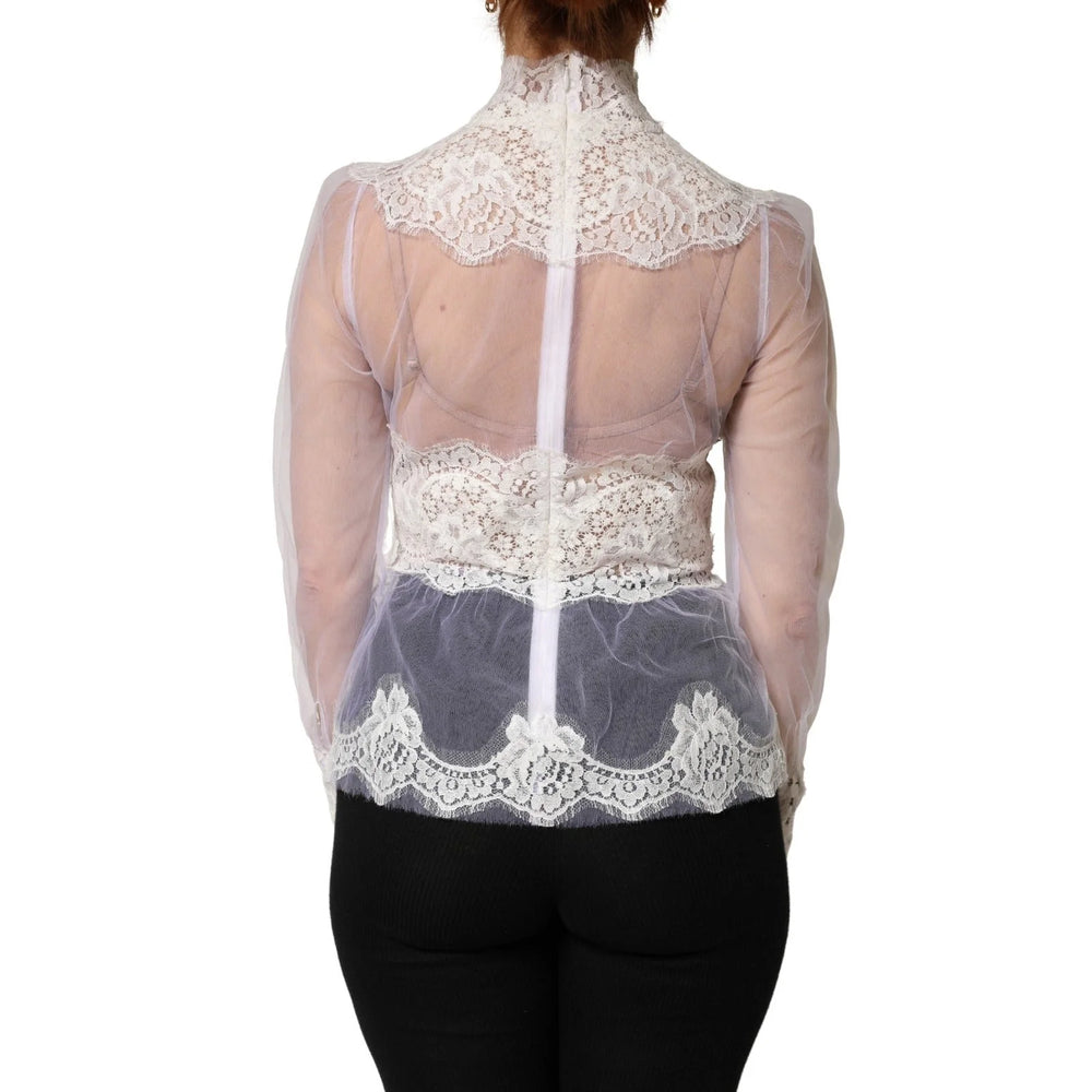 Dolce & Gabbana Vit nylontopp med spets och tyll, genomskinlig, långärmad - IT42|M