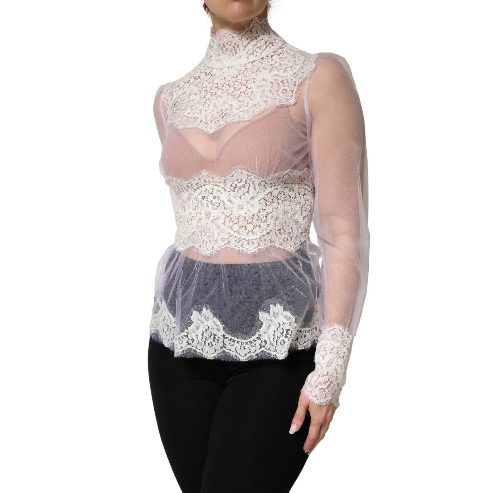 Dolce & Gabbana Vit nylontopp med spets och tyll, genomskinlig, långärmad - IT42|M