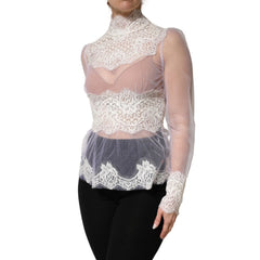 Dolce & Gabbana Vit nylontopp med spets och tyll, genomskinlig, långärmad - IT42|M