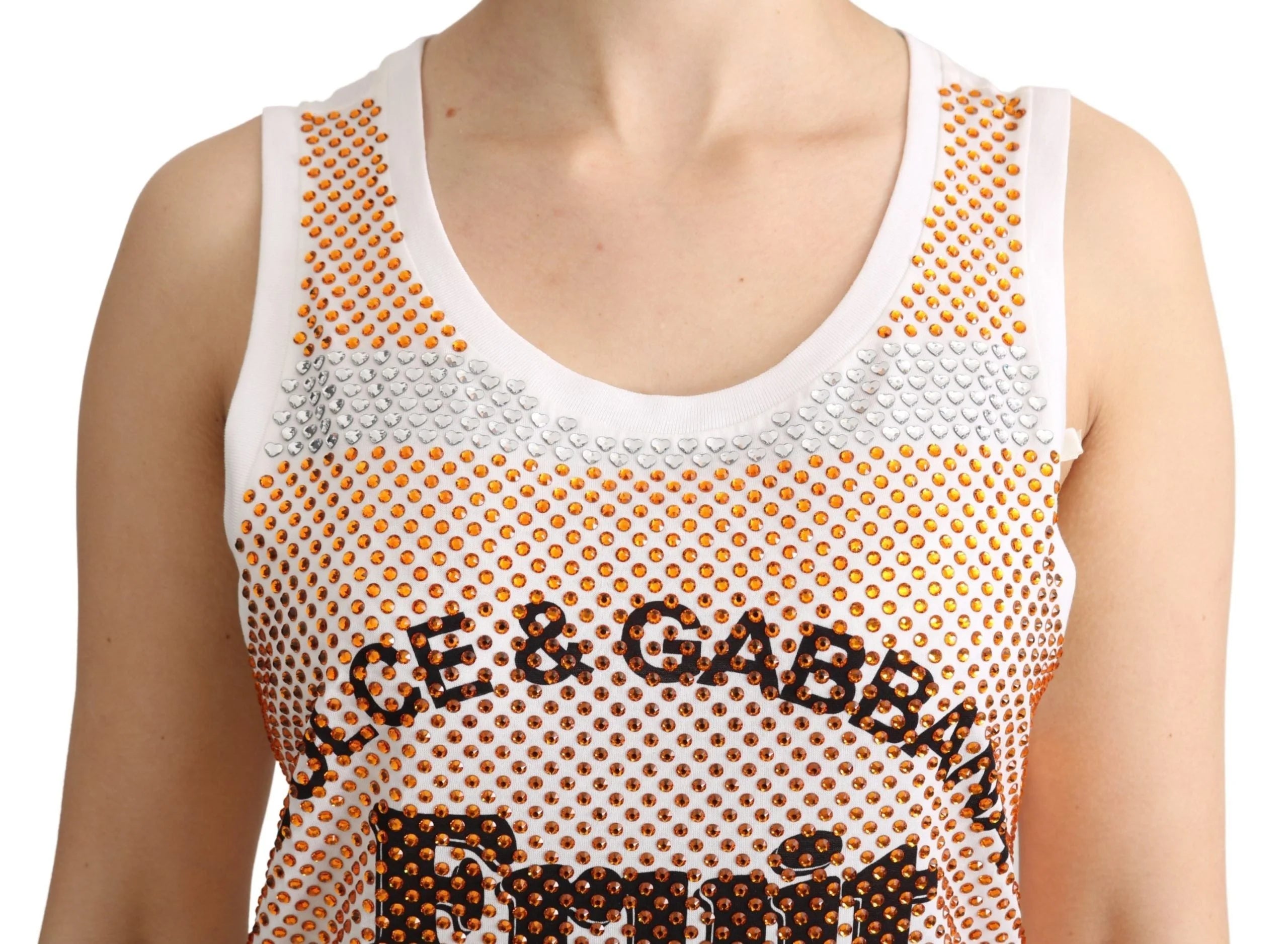 Dolce & Gabbana White Orange Crystal Sleeveless Tank Cotton Top - IT40|S - Tank Tops