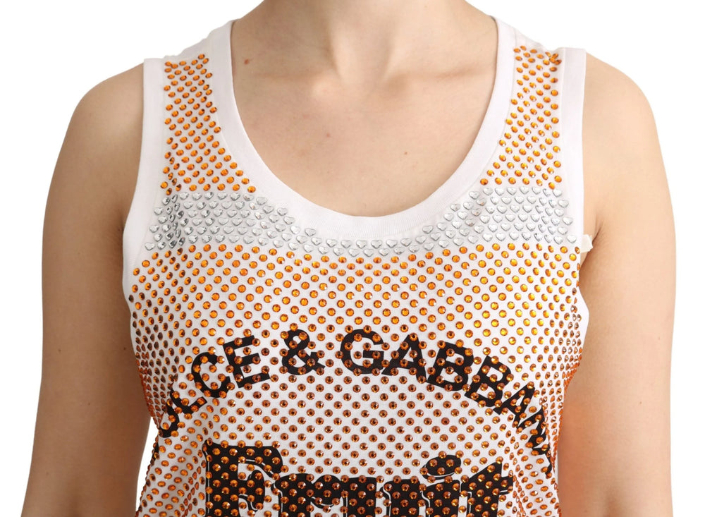 Dolce & Gabbana White Orange Crystal Sleeveless Tank Cotton Top - IT40|S - Tank Tops