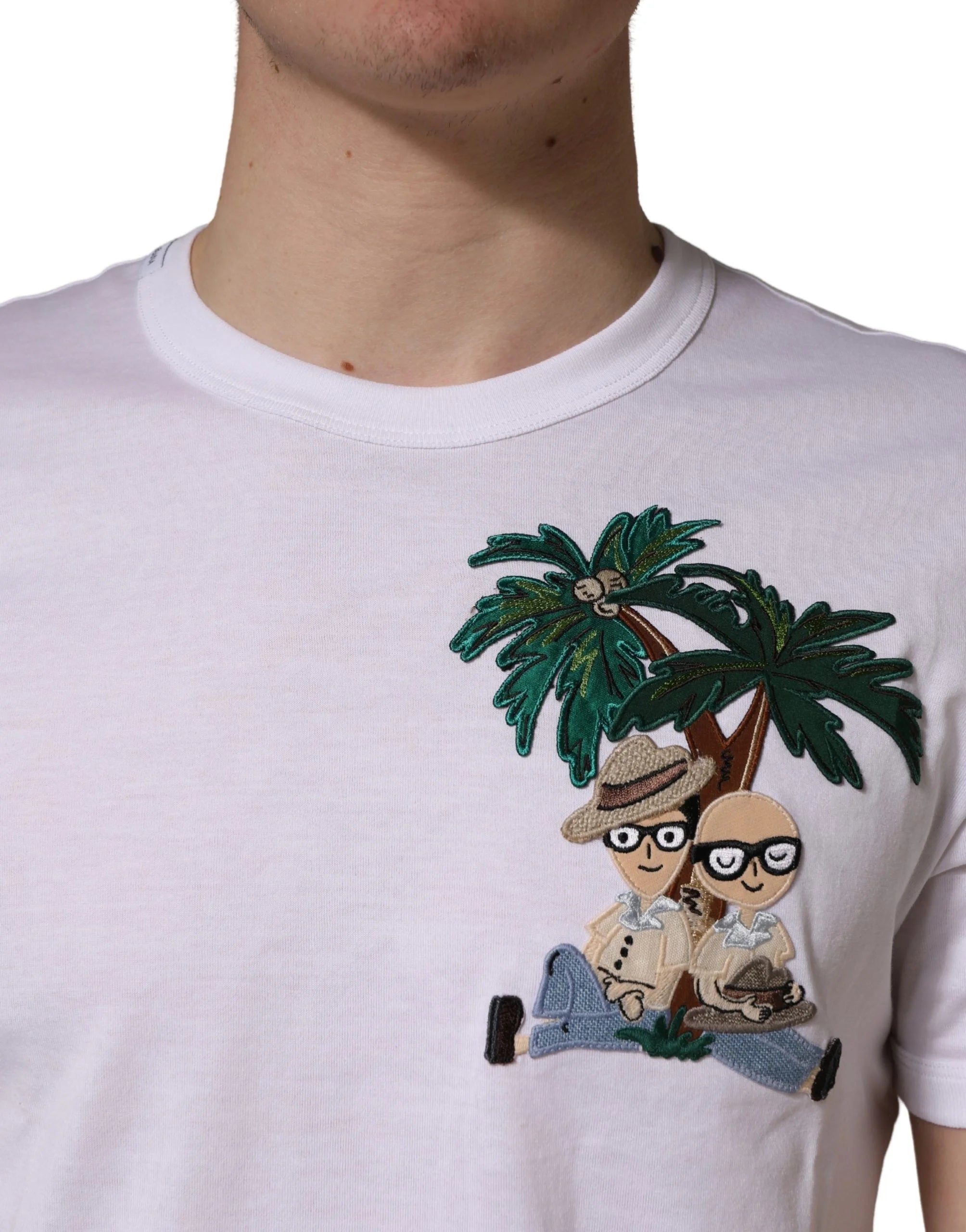 Dolce & Gabbana White Palm Embroidered Men Crew Neck T-shirt