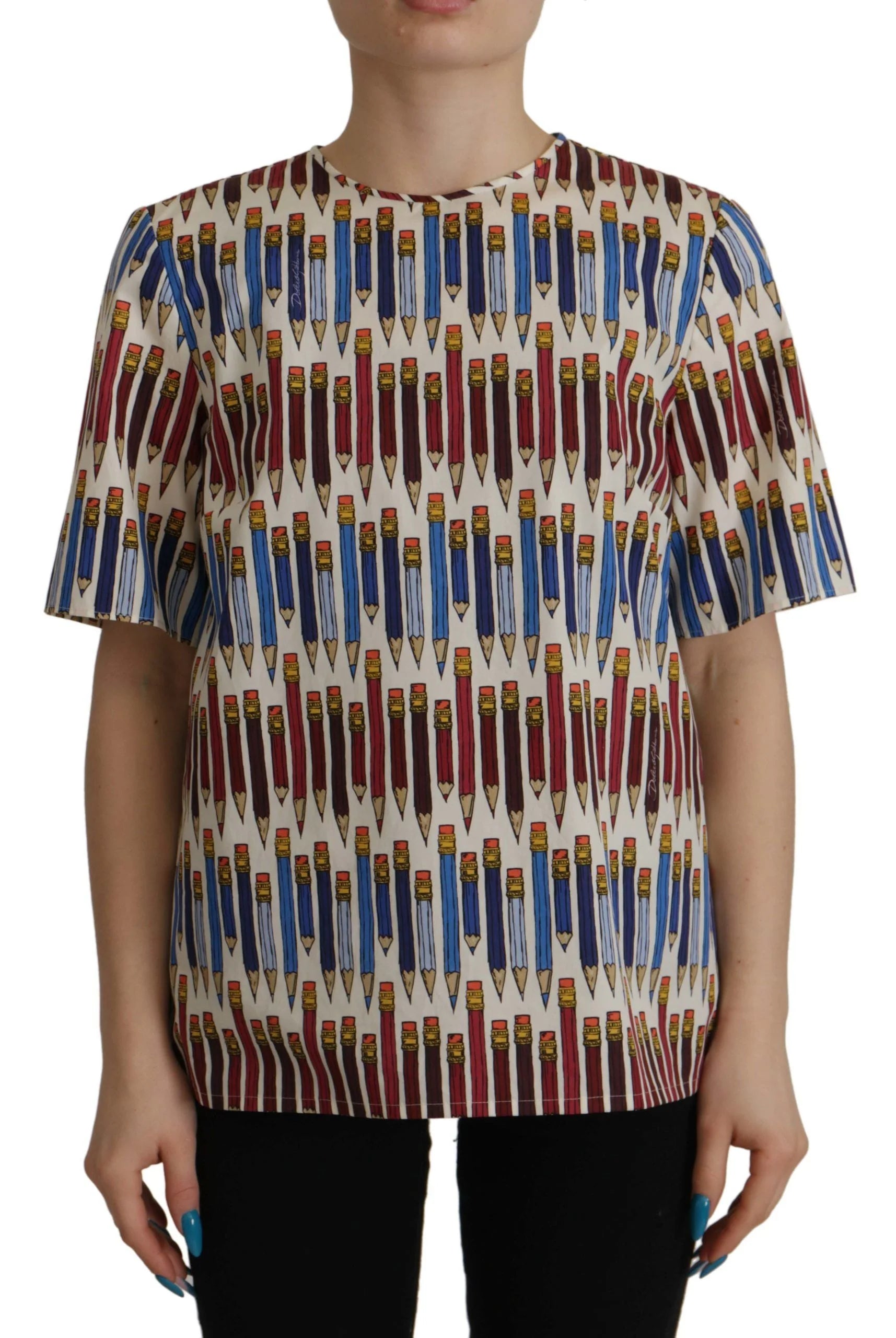 Dolce & Gabbana White Pencil Print Cotton T-shirt Blouse - Blouses