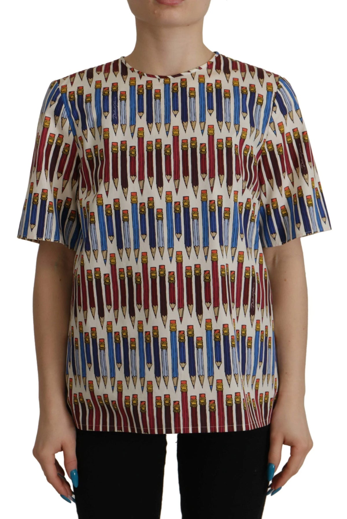 Dolce & Gabbana White Pencil Print Cotton T-shirt Blouse - Blouses