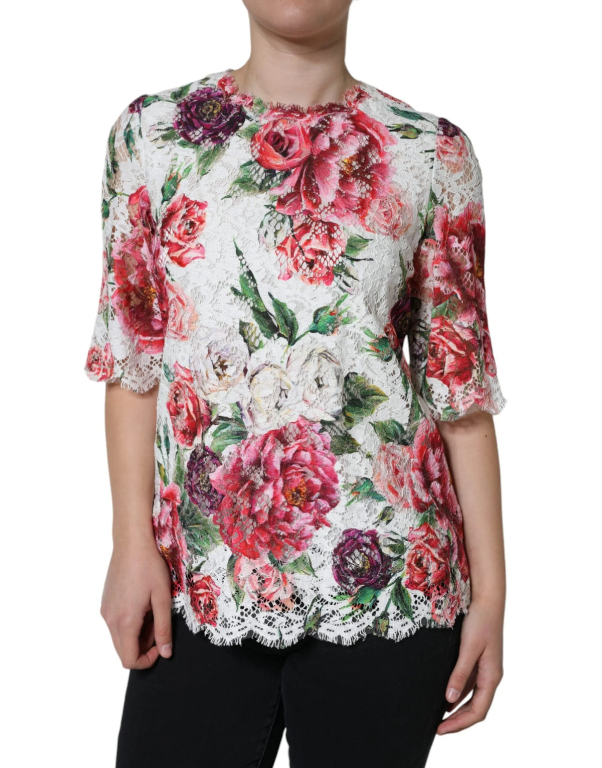 Dolce & Gabbana White Peony Lace Short Sleeves Blouse Top - Blouses