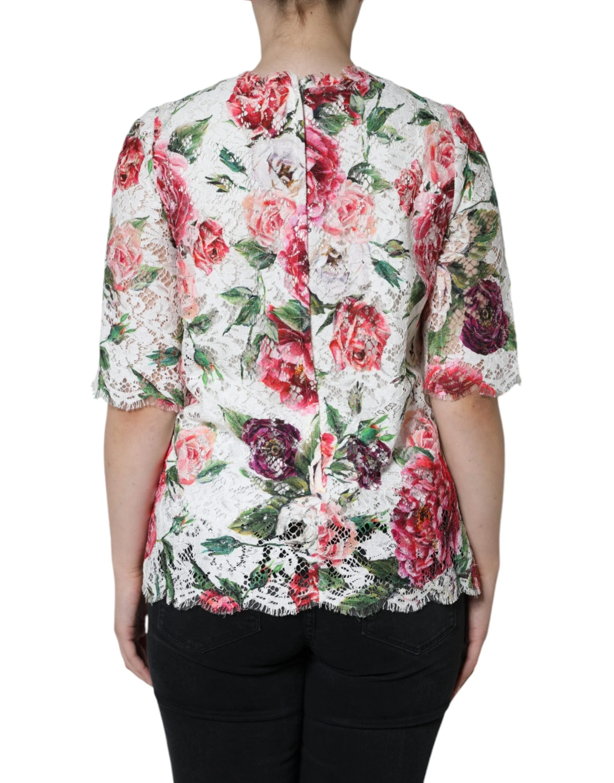 Dolce & Gabbana White Peony Lace Short Sleeves Blouse Top - Blouses