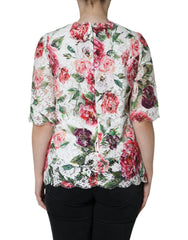 Dolce & Gabbana White Peony Lace Short Sleeves Blouse Top - Blouses