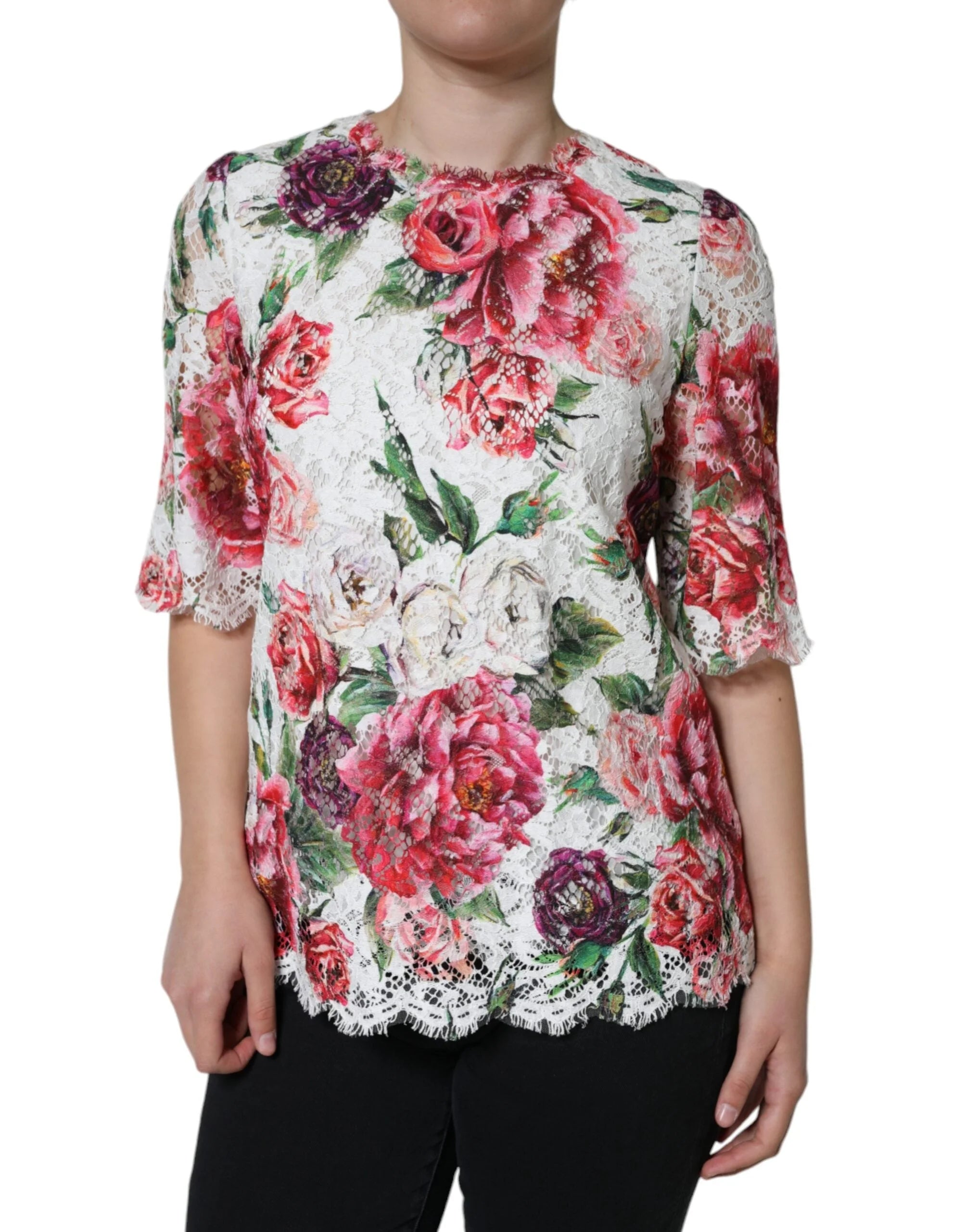 Dolce & Gabbana White Peony Lace Short Sleeves Blouse Top - Blouses
