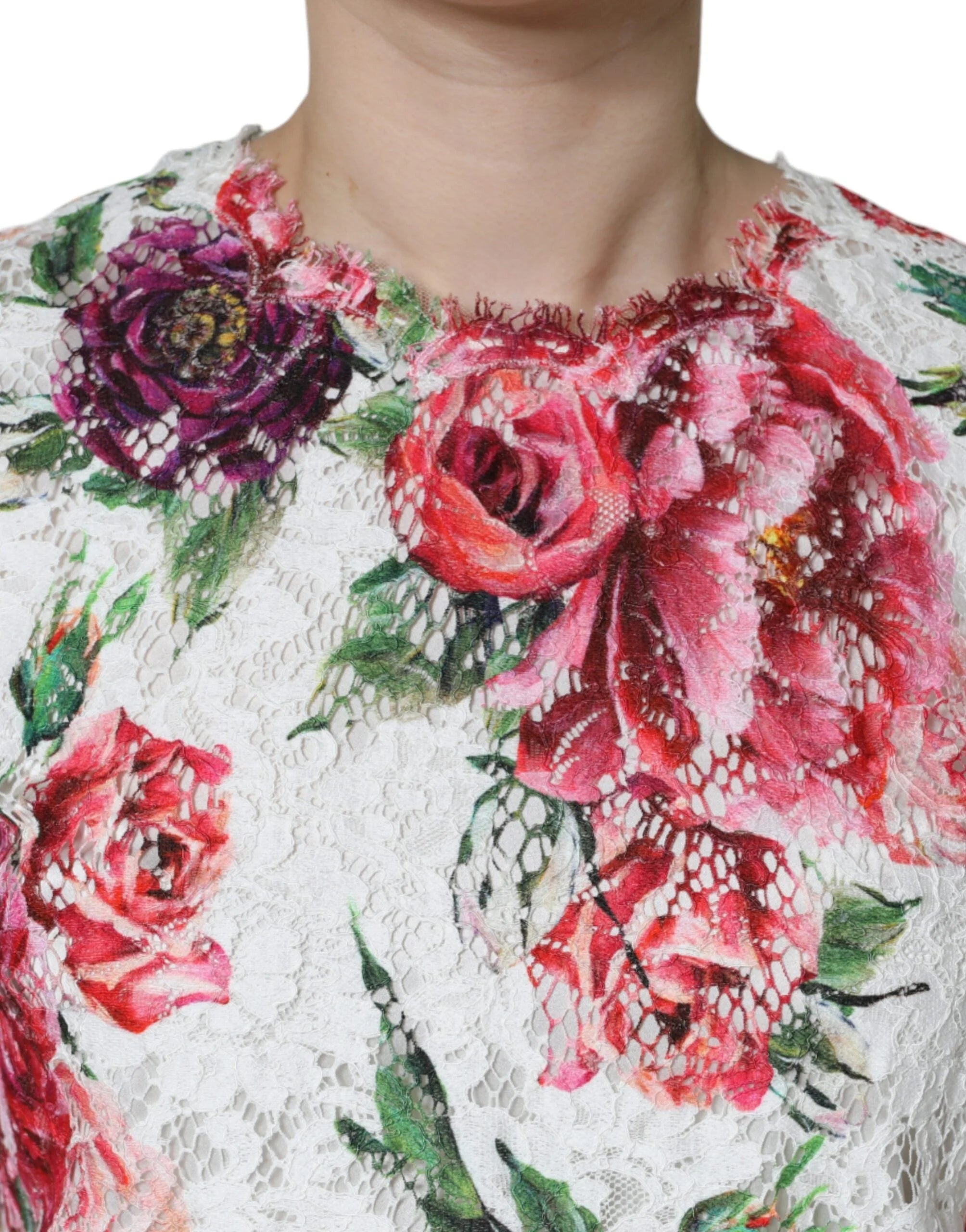 Dolce & Gabbana White Peony Lace Short Sleeves Blouse Top - Blouses