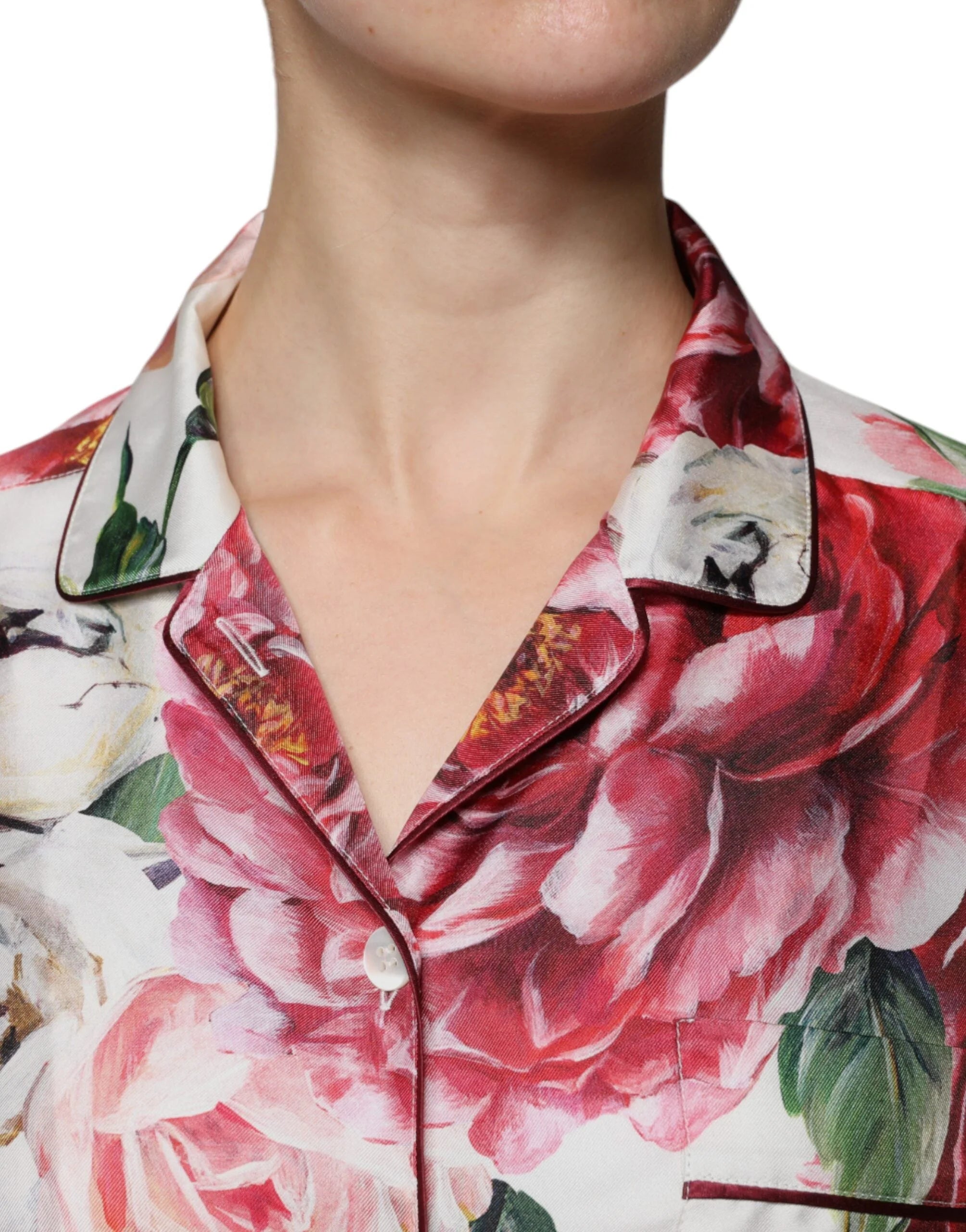 Dolce & Gabbana White Peony Silk Long Sleeves Collared Blouse Top - IT38 | XS