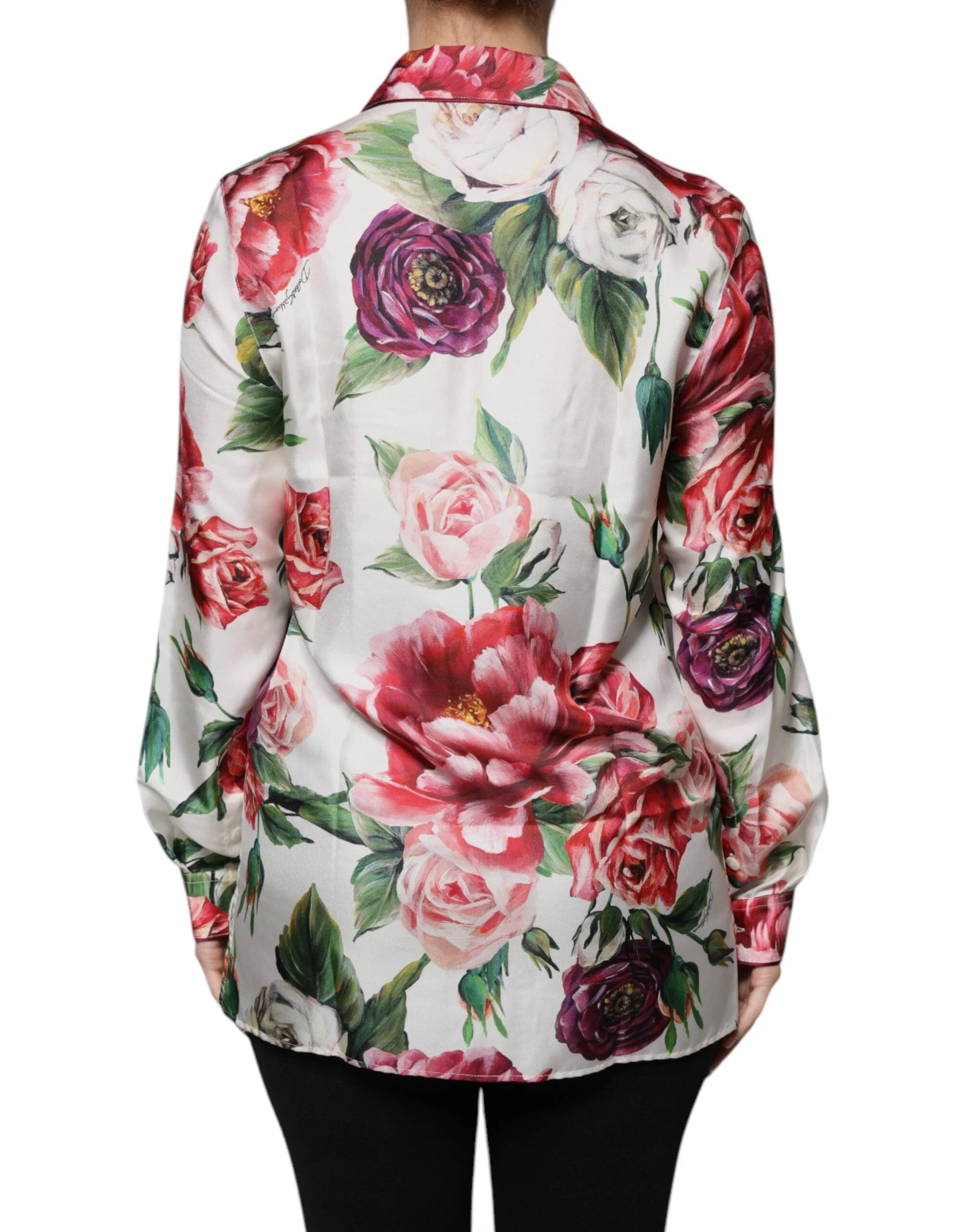 Dolce & Gabbana White Peony Silk Long Sleeves Collared Blouse Top - IT38 | XS - Blouses