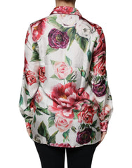 Dolce & Gabbana White Peony Silk Long Sleeves Collared Blouse Top - IT38 | XS - Blouses