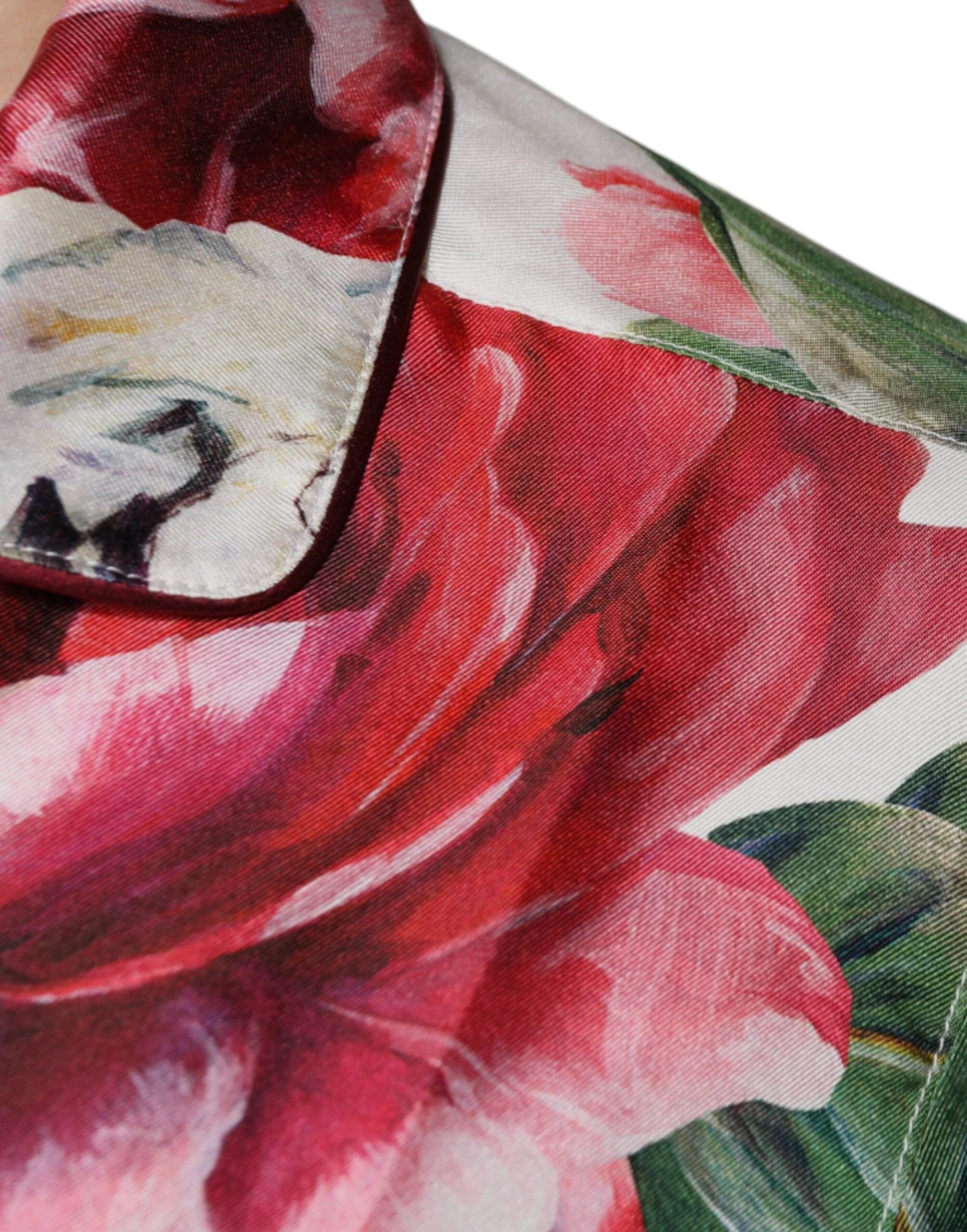 Dolce & Gabbana White Peony Silk Long Sleeves Collared Blouse Top - IT38 | XS - Blouses