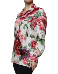 Dolce & Gabbana White Peony Silk Long Sleeves Collared Blouse Top - IT38 | XS - Blouses