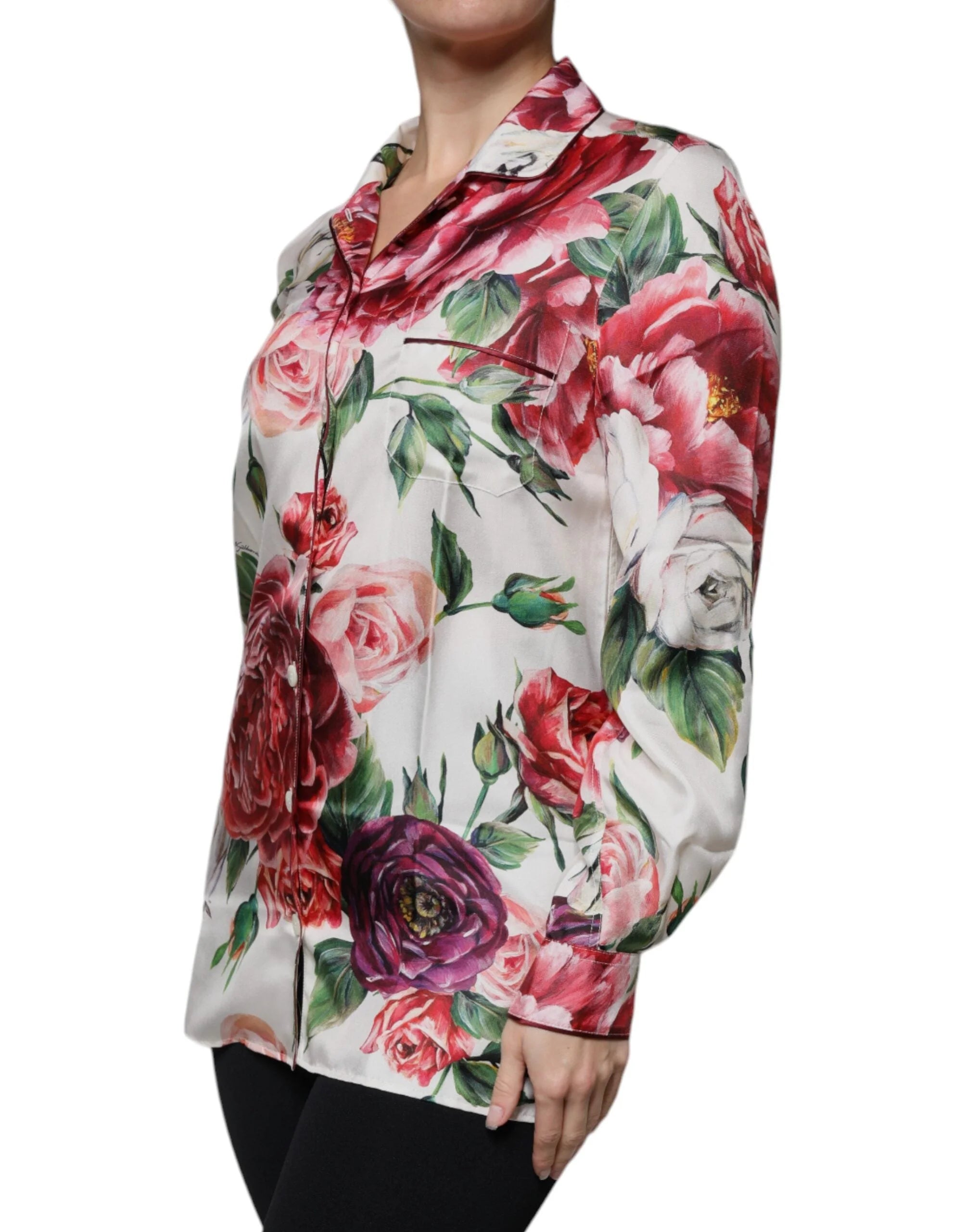 Dolce & Gabbana White Peony Silk Long Sleeves Collared Blouse Top - IT38 | XS