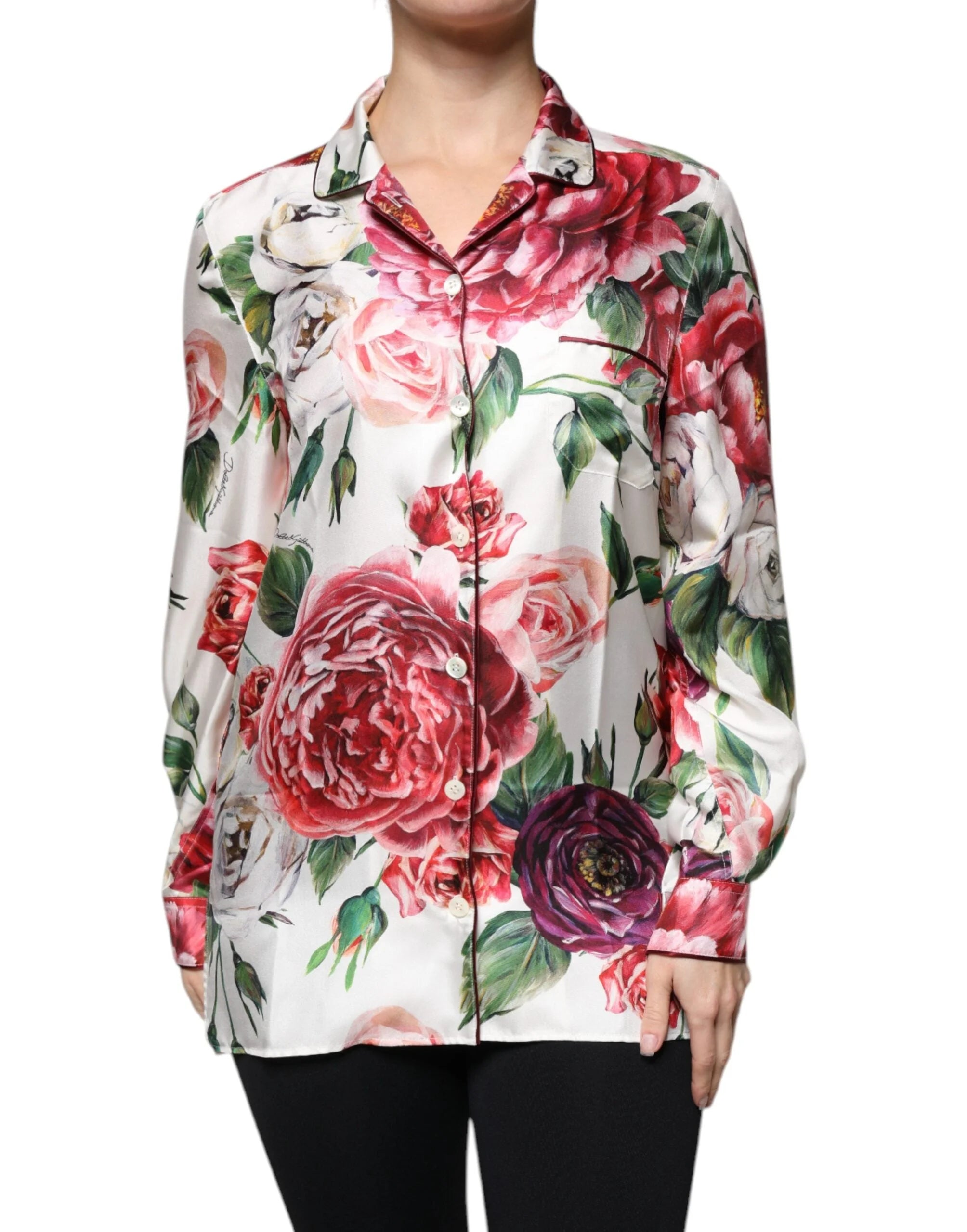 Dolce & Gabbana White Peony Silk Long Sleeves Collared Blouse Top - IT38 | XS