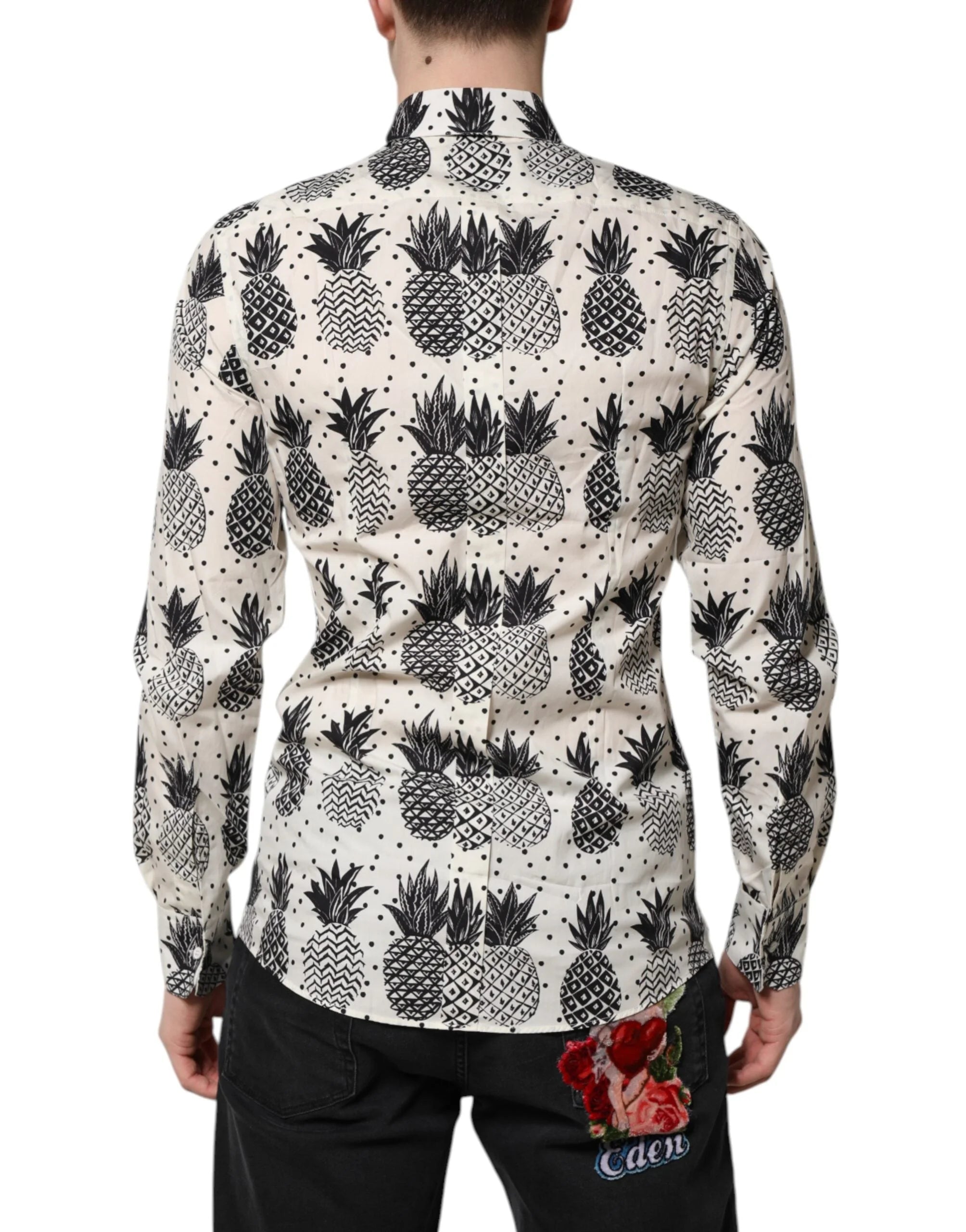 Dolce & Gabbana White Pineapple Print Long Sleeve GOLD Shirt - Shirts