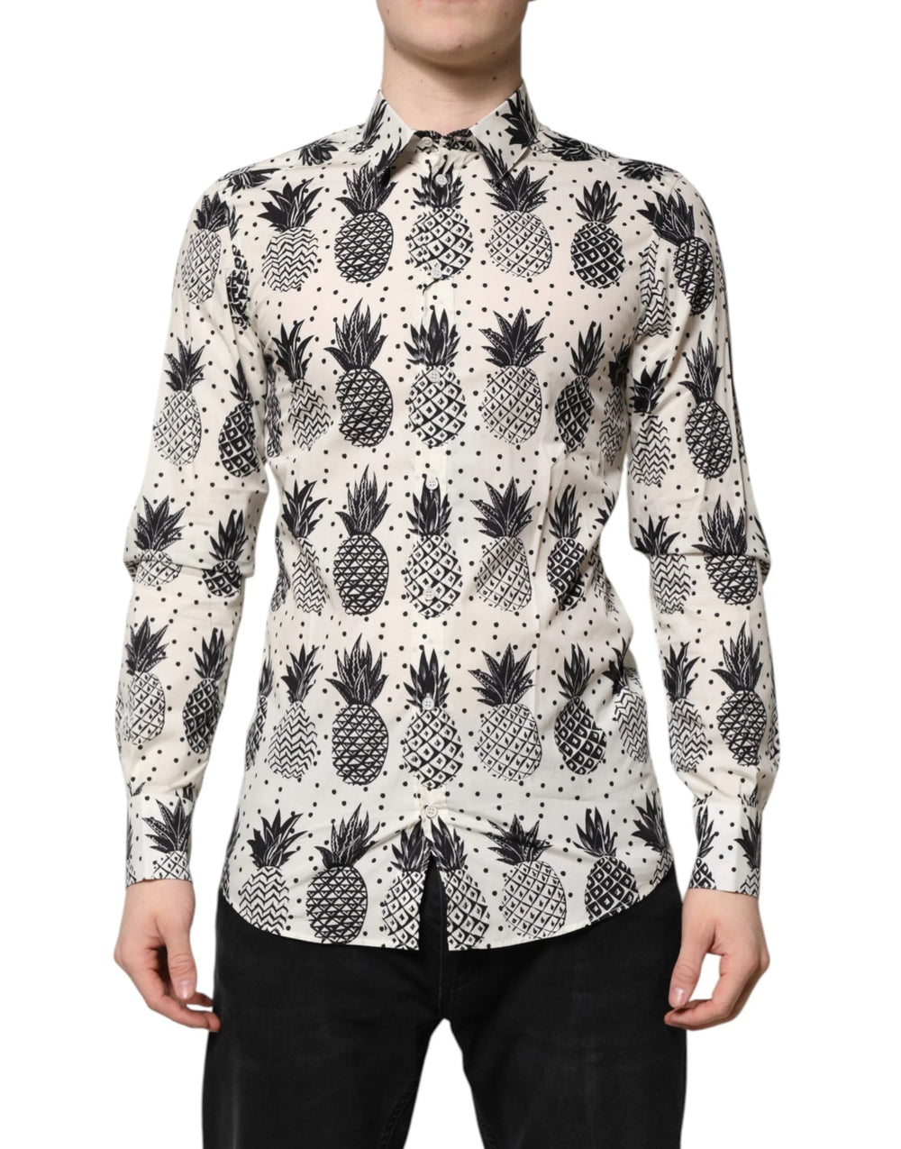 Dolce & Gabbana White Pineapple Print Long Sleeve GOLD Shirt - Shirts