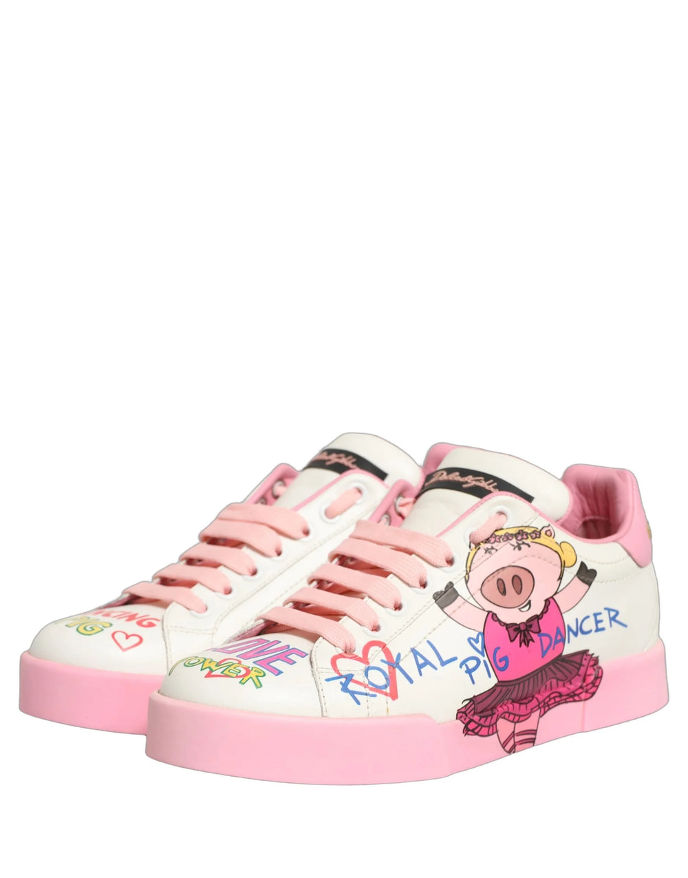 Rear view of Portofino sneakers showing the pink heel tab and Dolce & Gabbana branding on the white rubber sole.
