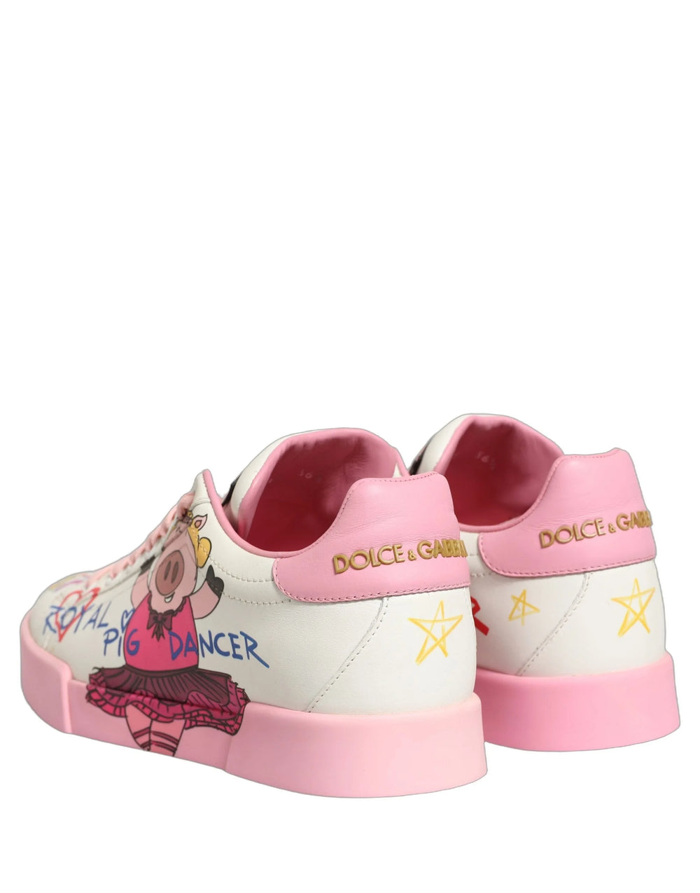 Top-down view of the white calf leather sneakers highlighting the pink pig motif and classic lace-up closure.