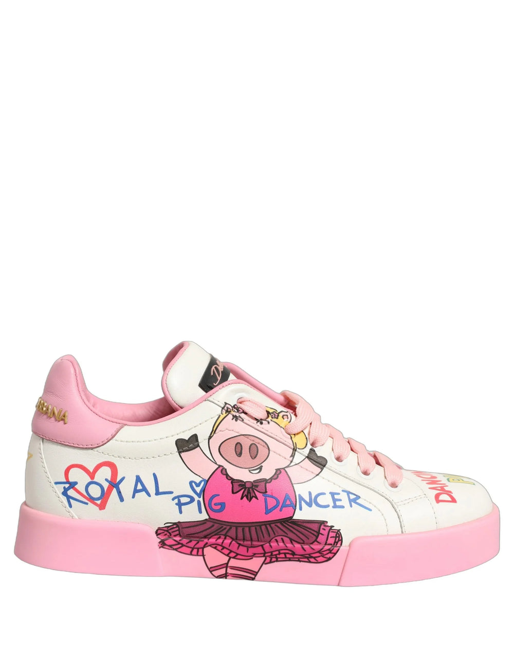 Detail shot of the pink pig graphic and artistic lettering on the lateral side of the luxury Italian sneaker.