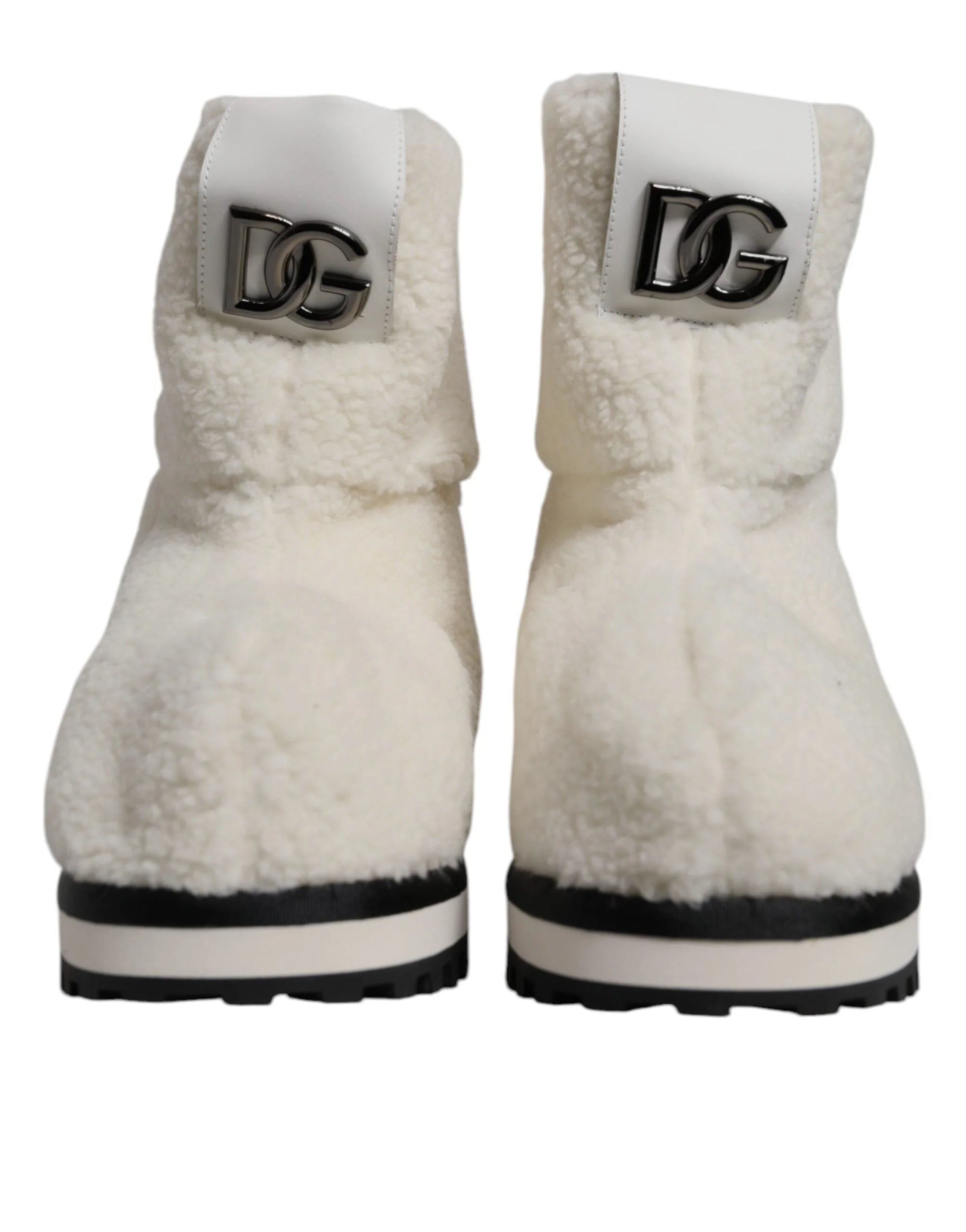Dolce & Gabbana White Plush Logo Padded Mid Calf Boots Shoes - EU44/US11 - Boots