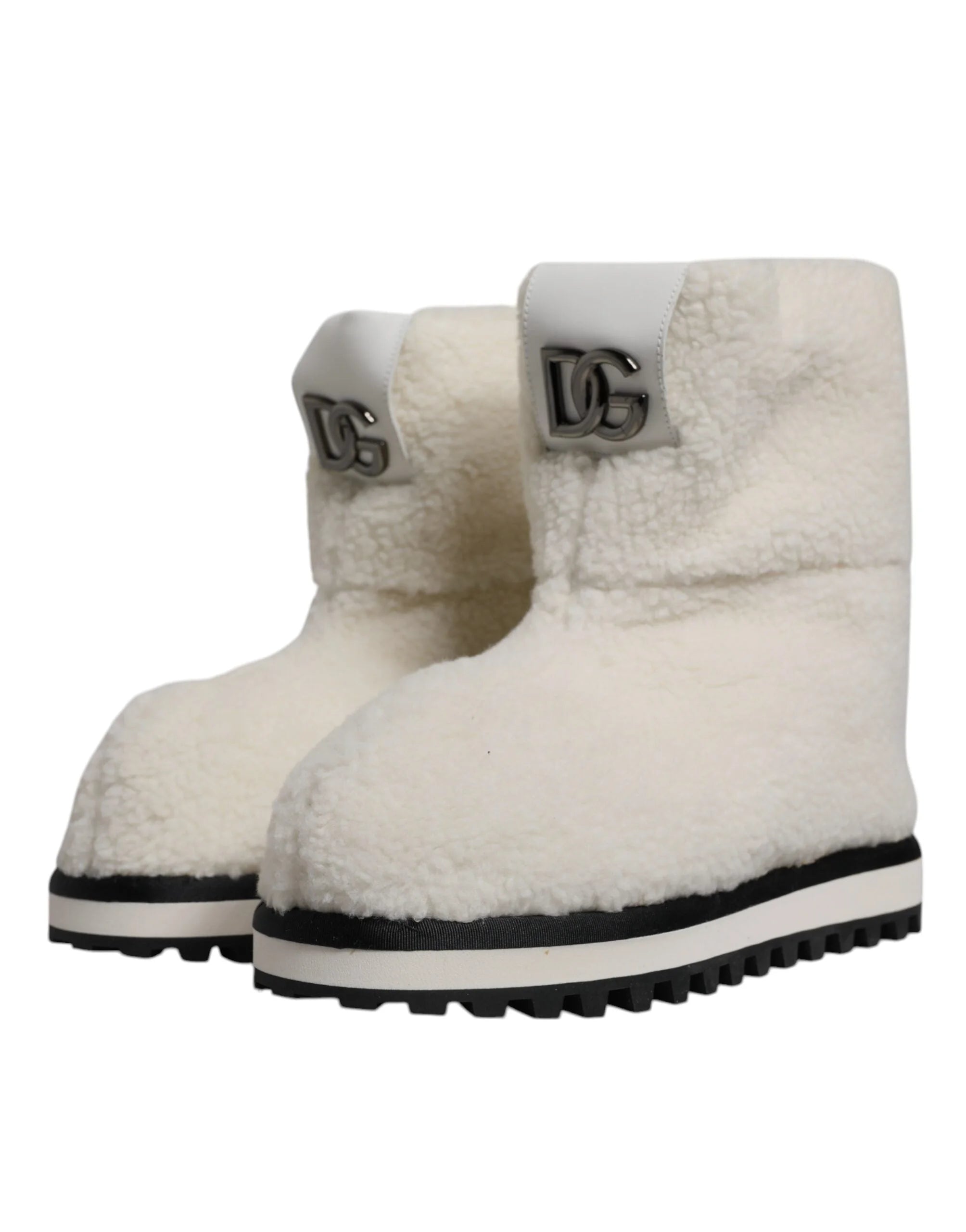 Dolce & Gabbana White Plush Logo Padded Mid Calf Boots Shoes - EU44/US11 - Boots