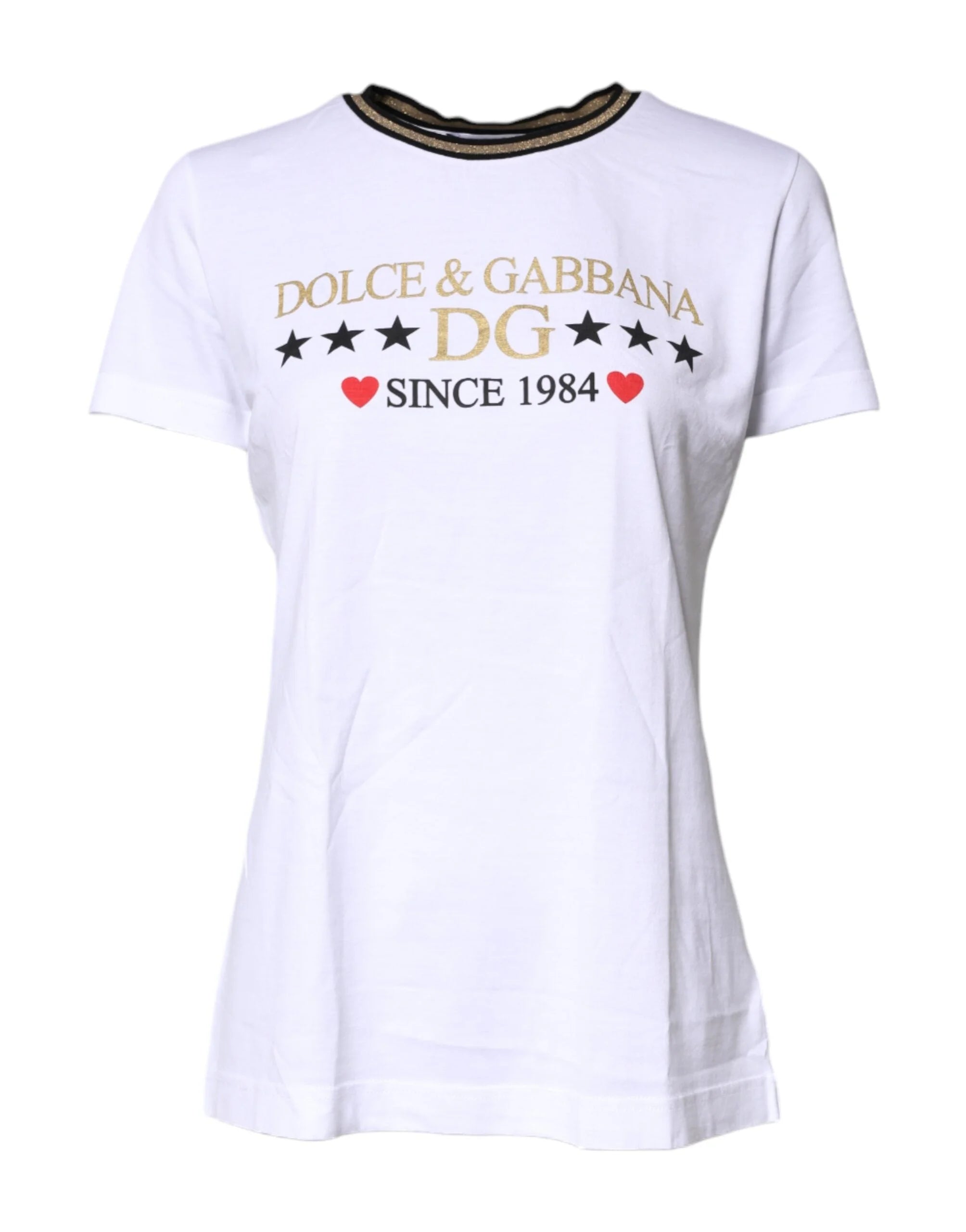 Dolce & Gabbana White Printed Round Neck Top Cotton T-shirt - IT36|XXS - T-Shirts