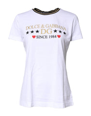 Dolce & Gabbana White Printed Round Neck Top Cotton T-shirt - IT36|XXS - T-Shirts