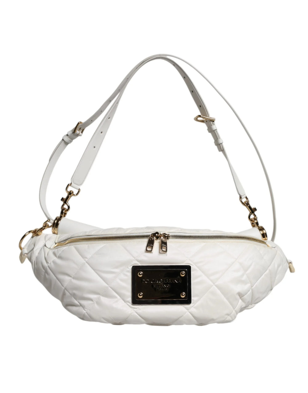 Dolce & Gabbana White Quilted Logo Plaque Belt Waist Fanny Pack Bag - Fanny Packs