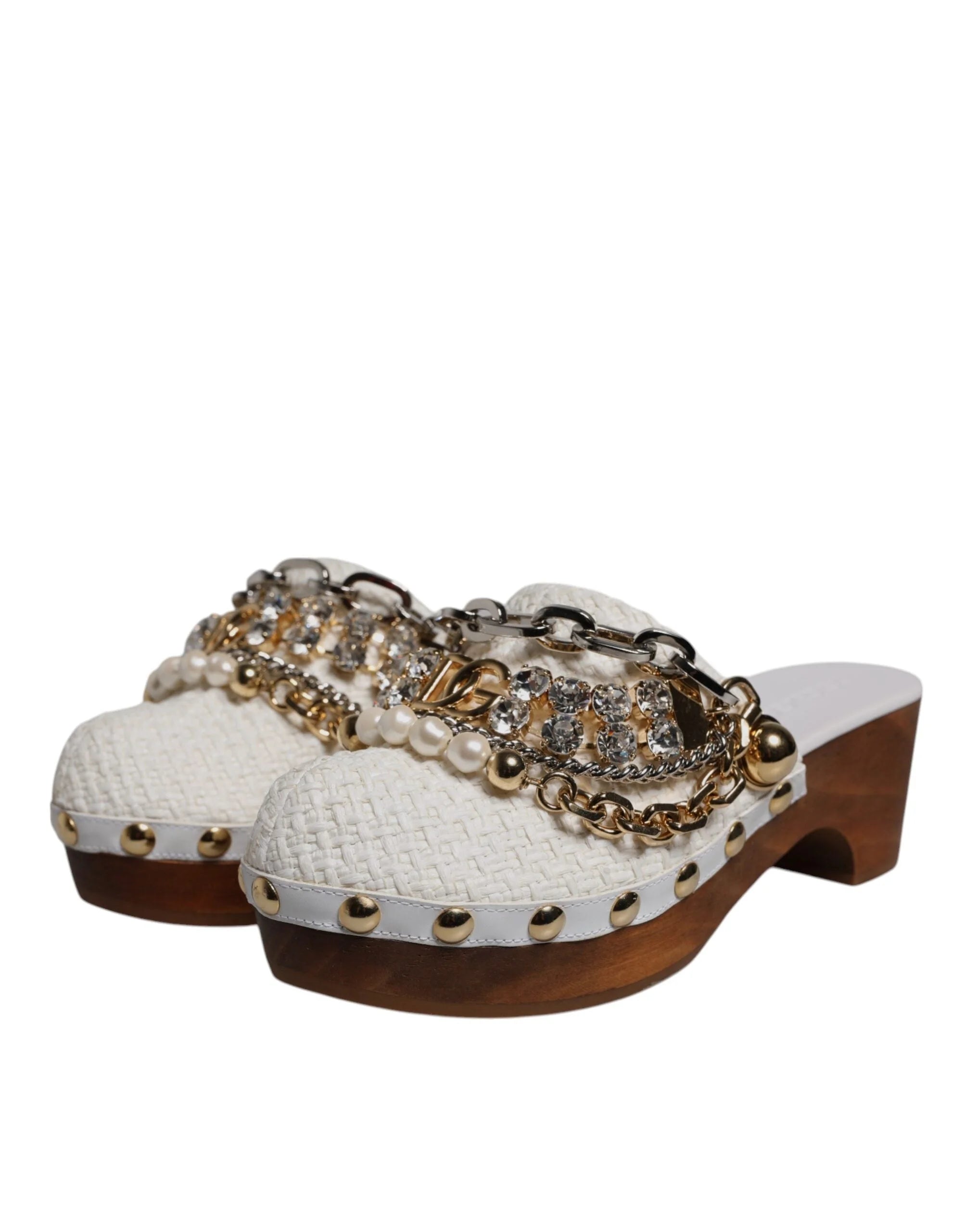Dolce & Gabbana White Raffia Clogs Bejeweled Chain Sandals Shoes - EU35.5/US5