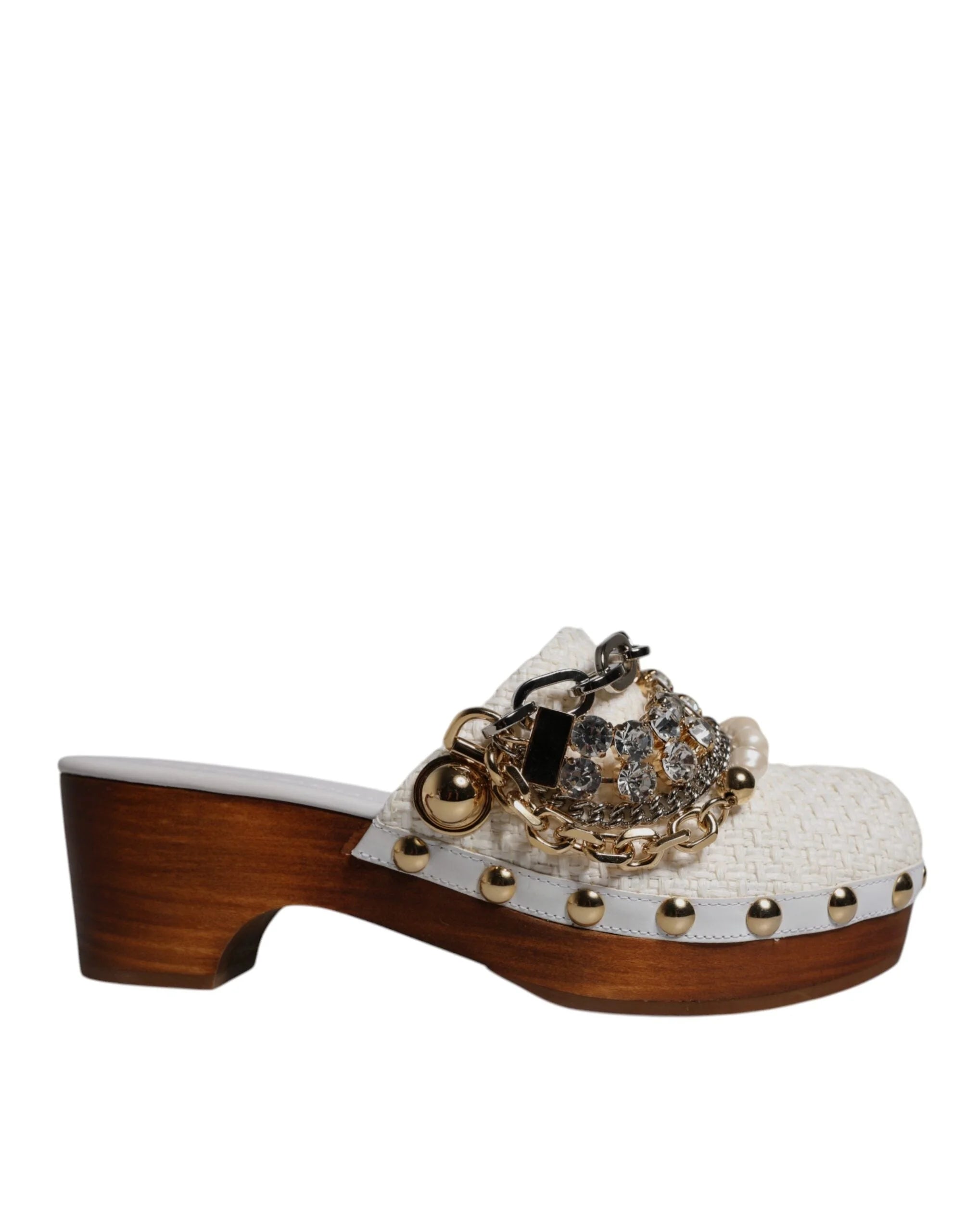 Dolce & Gabbana White Raffia Clogs Bejeweled Chain Sandals Shoes - EU35.5/US5