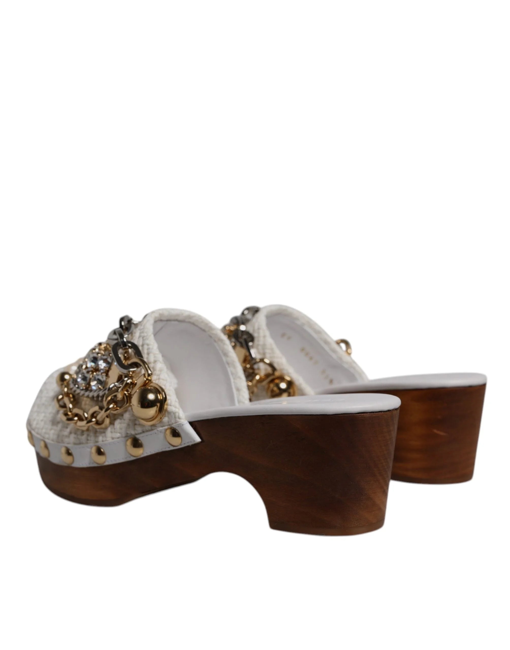 Dolce & Gabbana White Raffia Clogs Bejeweled Chain Sandals Shoes - EU35.5/US5