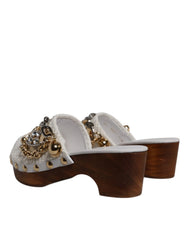 Dolce & Gabbana White Raffia Clogs Bejeweled Chain Sandals Shoes - EU35.5/US5