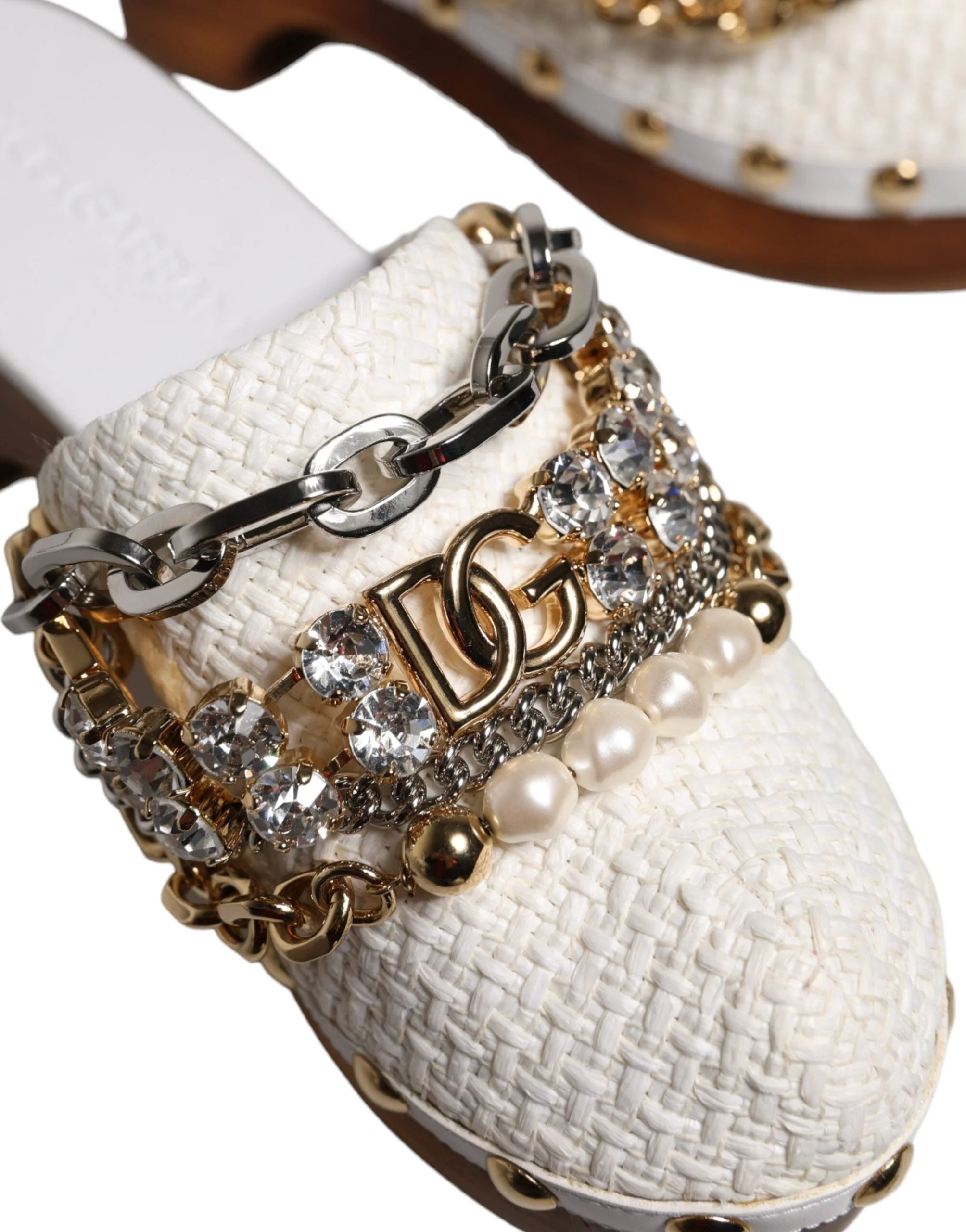 Dolce & Gabbana White Raffia Clogs Bejeweled Chain Sandals Shoes - EU35.5/US5