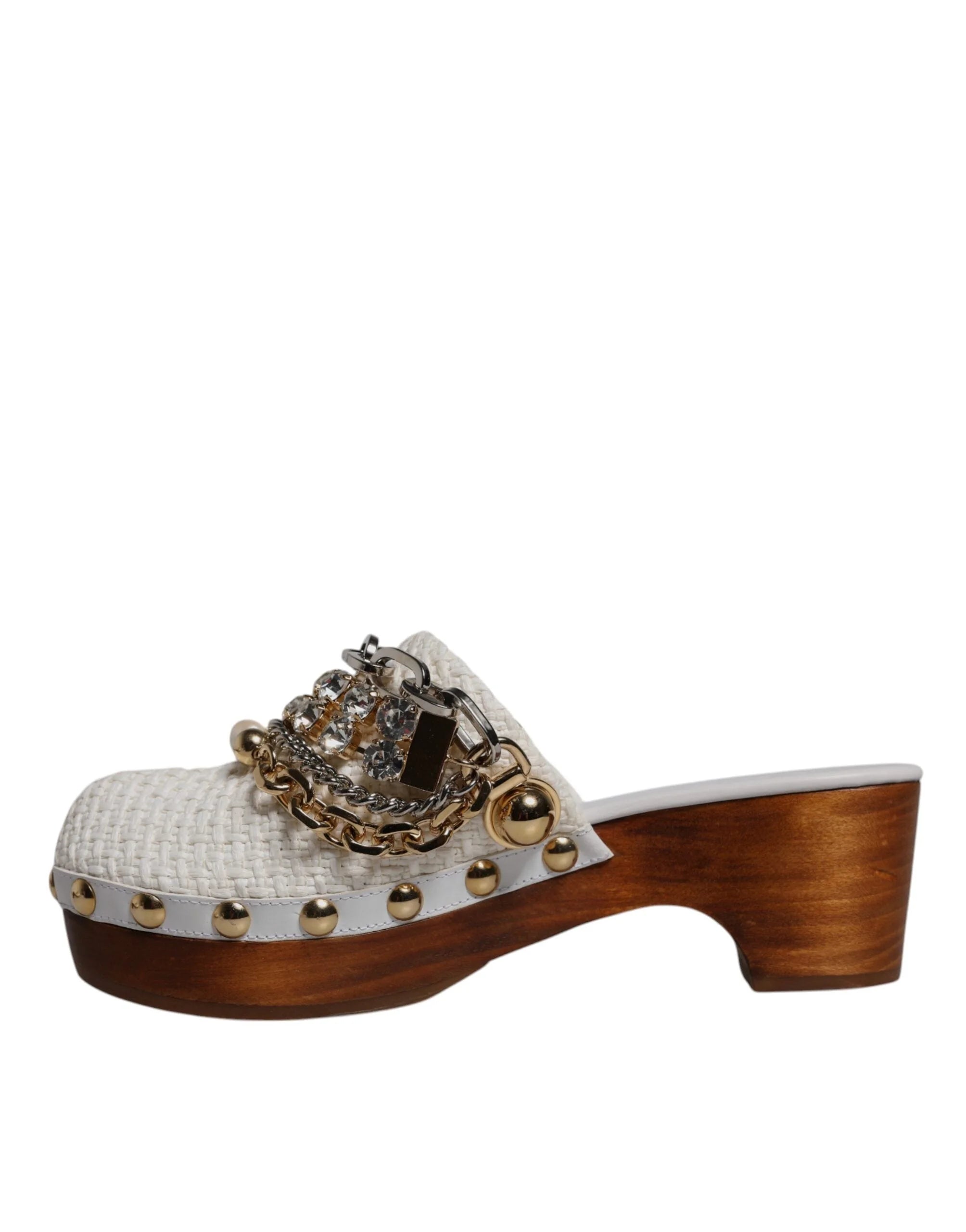 Dolce & Gabbana White Raffia Clogs Bejeweled Chain Sandals Shoes - EU35.5/US5 - Sandals