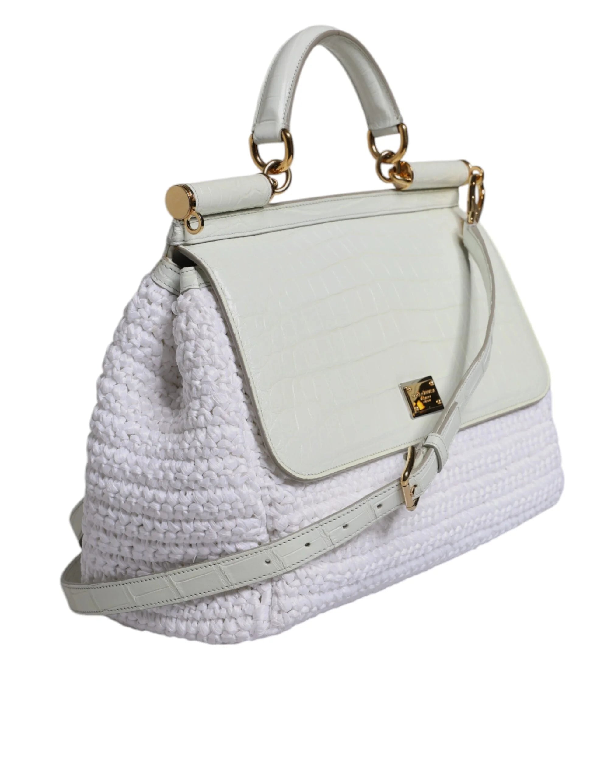 Dolce & Gabbana White Rafia Leather Top Handle Crossbody Bag - Cross Body Bags
