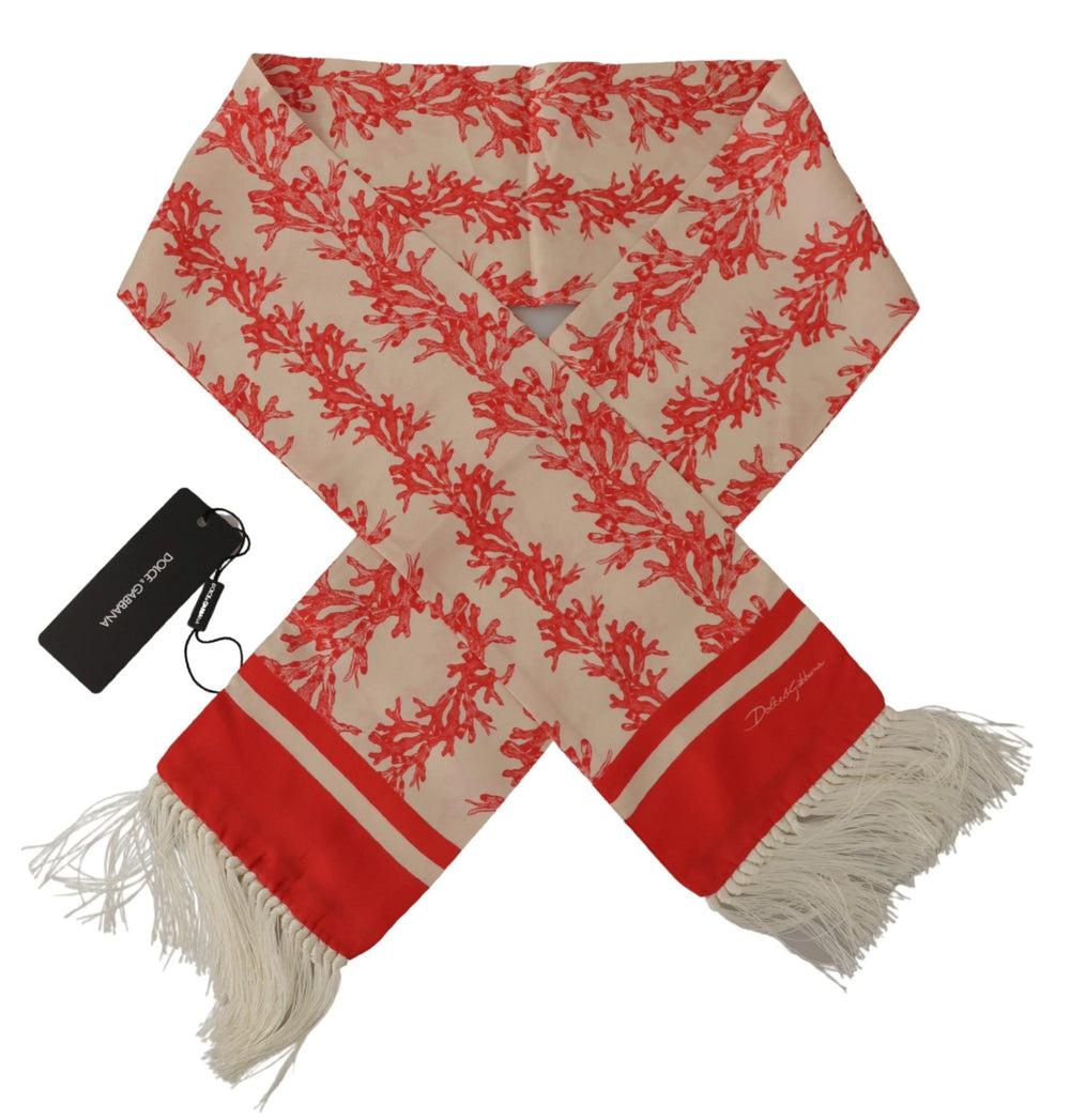 Dolce & Gabbana White Red Coral Print Shawl Wrap Fringe Scarf - Scarves & Shawls