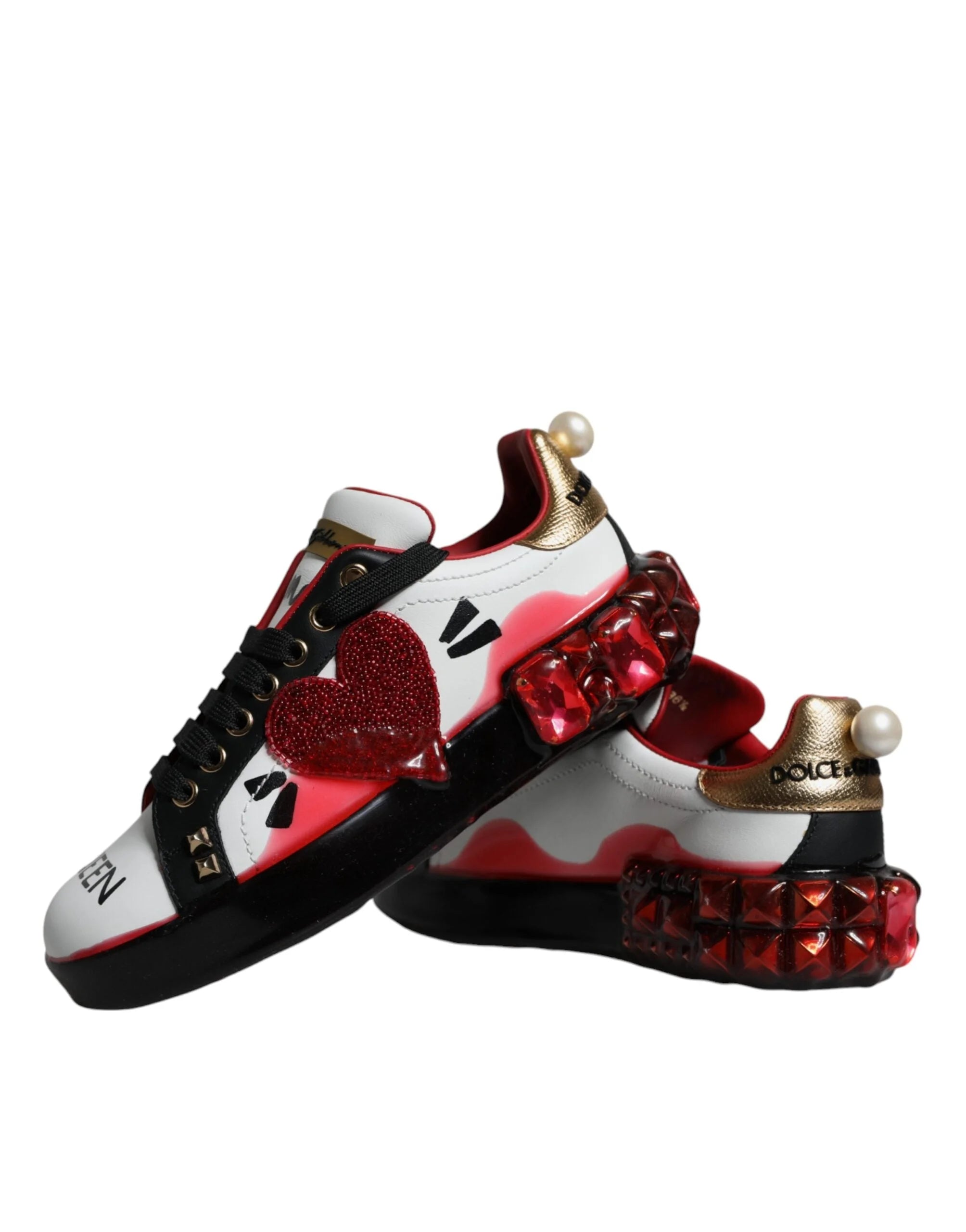 Dolce & Gabbana White Red Crystals Leather Portofino Sneakers Shoes - EU36.5/US6